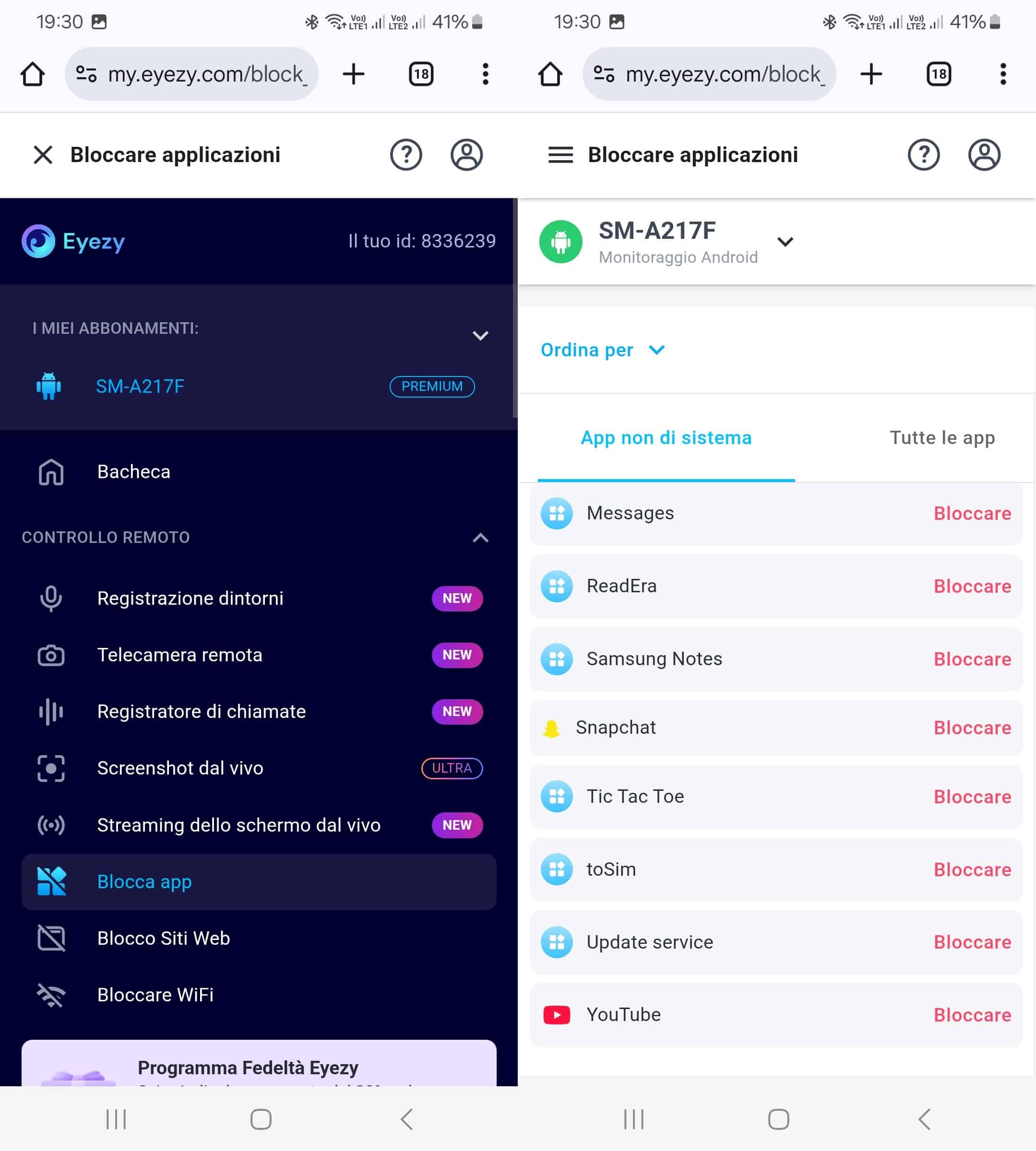 La funzione Blocca applicazioni e un elenco di app come Snapchat, YouTube, Messaggi e altre che possono essere bloccate.