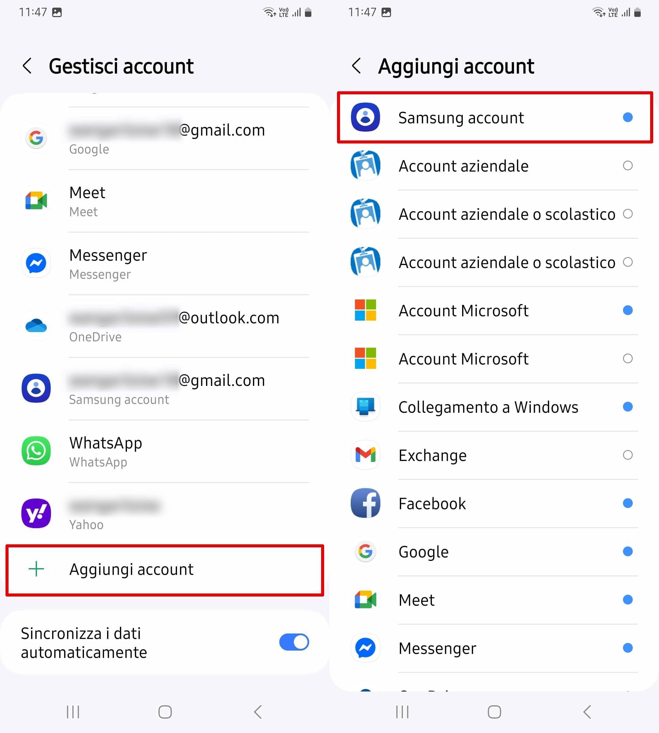 Fai clic su Aggiungi account e poi su Samsung Account.