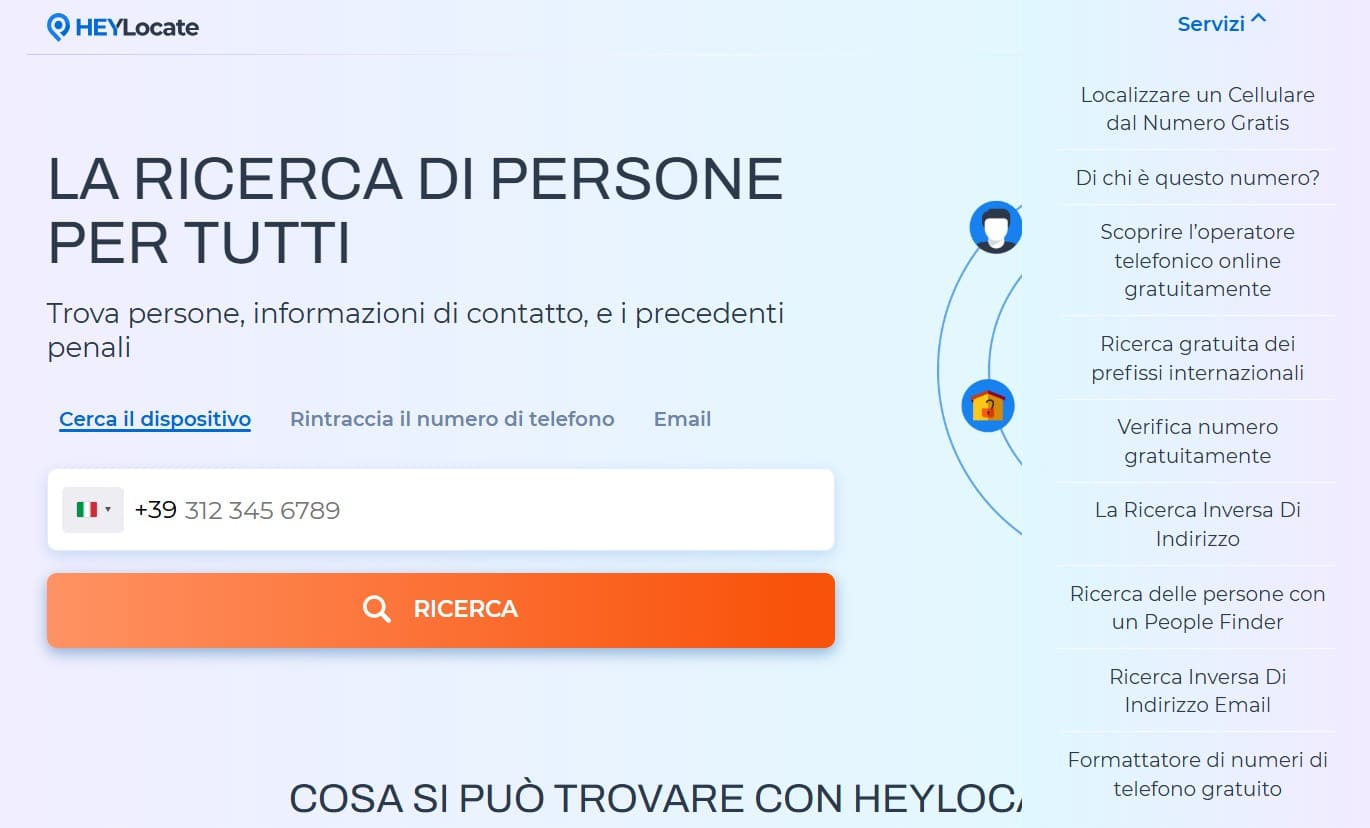 Pagina principale del sito HeyLocate con menu a discesa dei servizi.