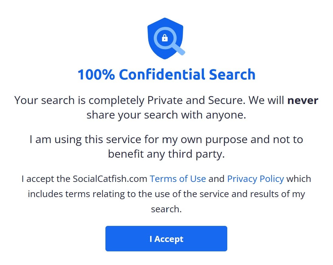 Messaggio sulla privacy di SocialCatfish.com, con pulsante di accettazione.