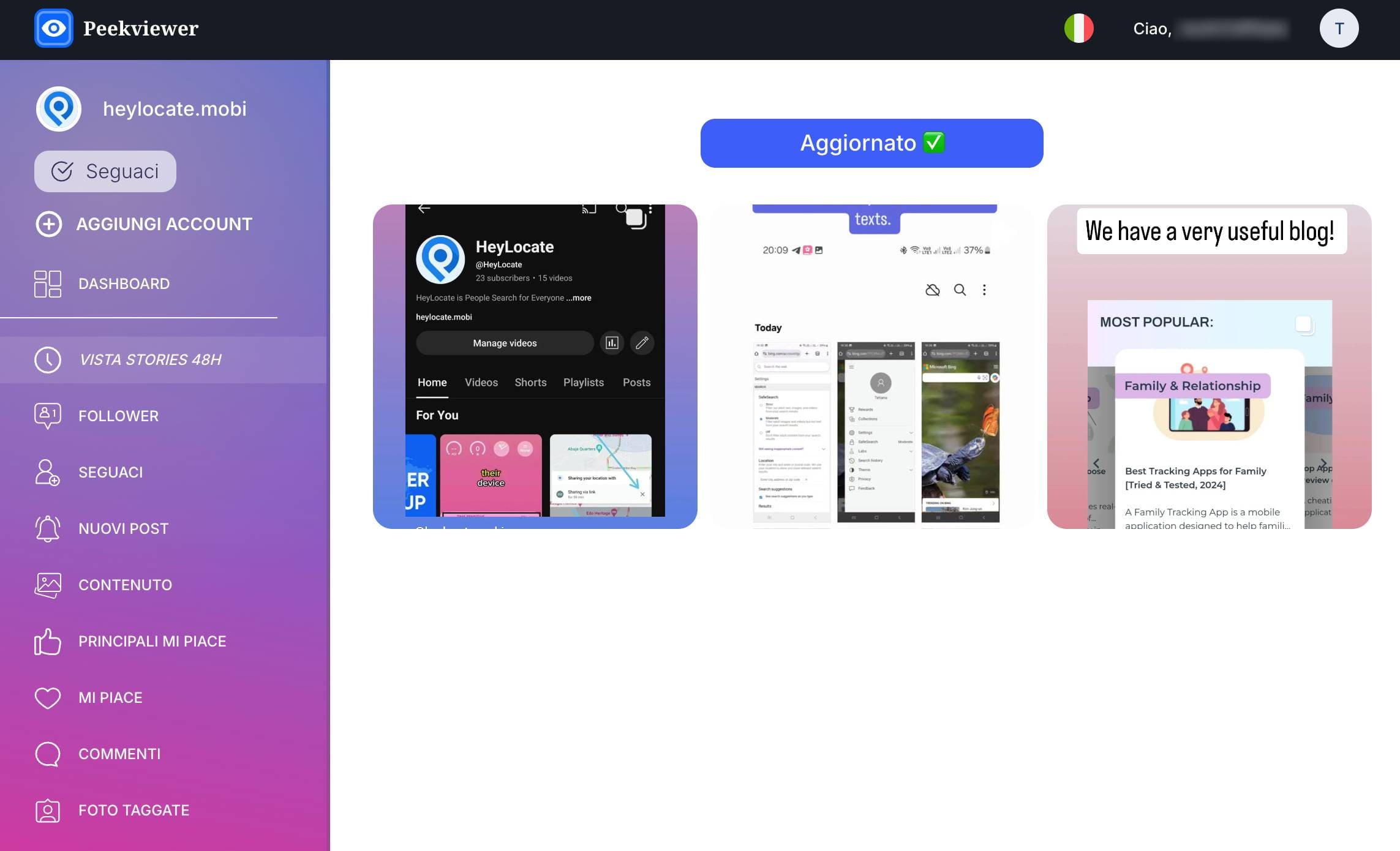 Dashboard di Peekviewer che mostra la funzione storie con le storie recenti nel pannello di destra.