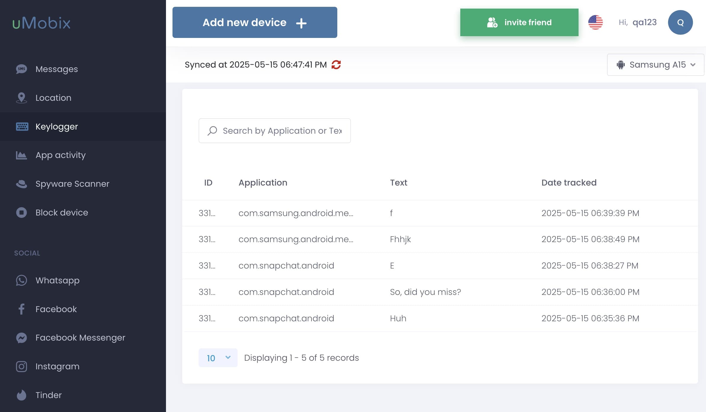 La scheda keylogger mostra tutti i tasti usati sulla tastiera.