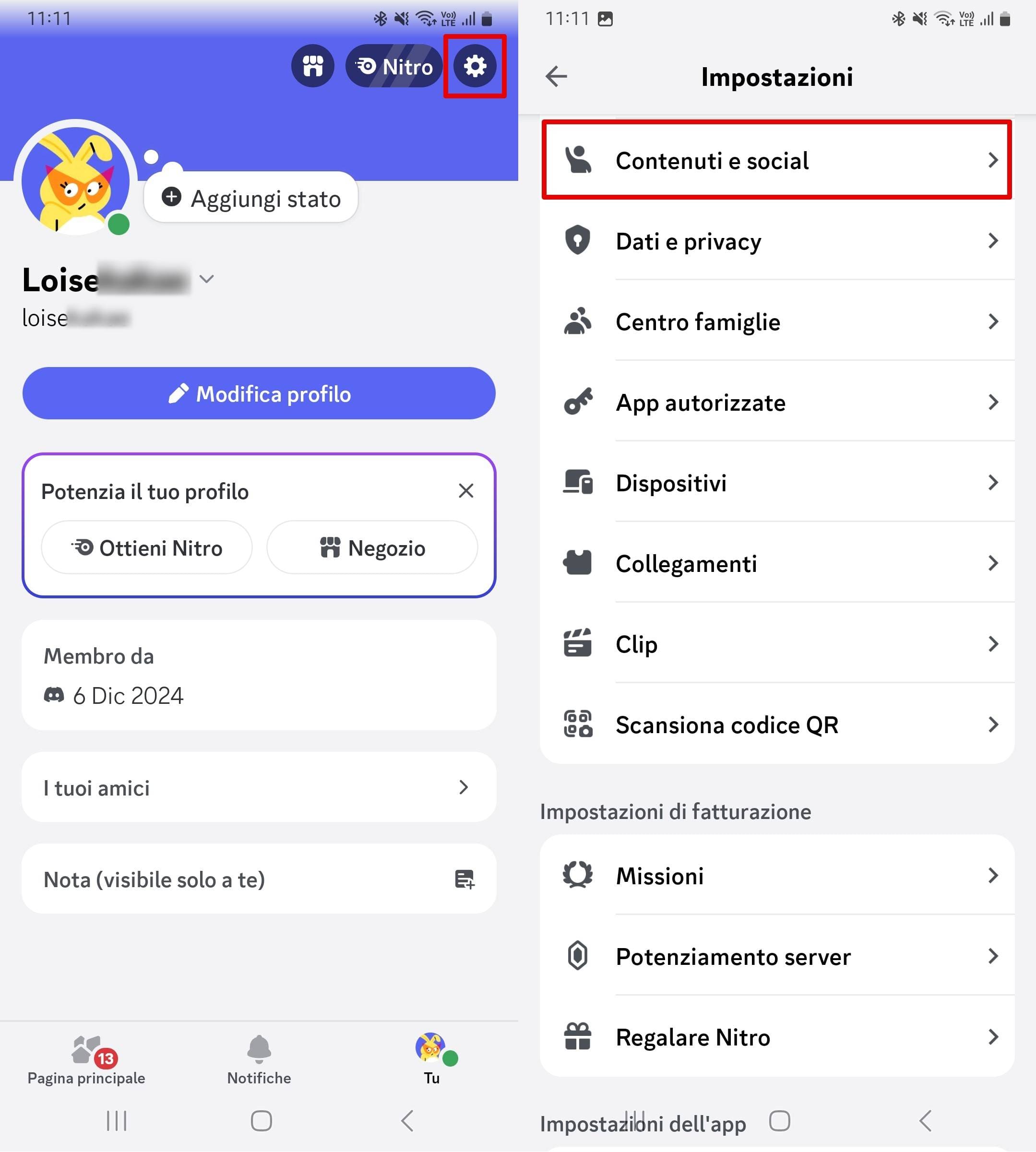 Accedi alle impostazioni di Discord e clicca su Contenuti e social.