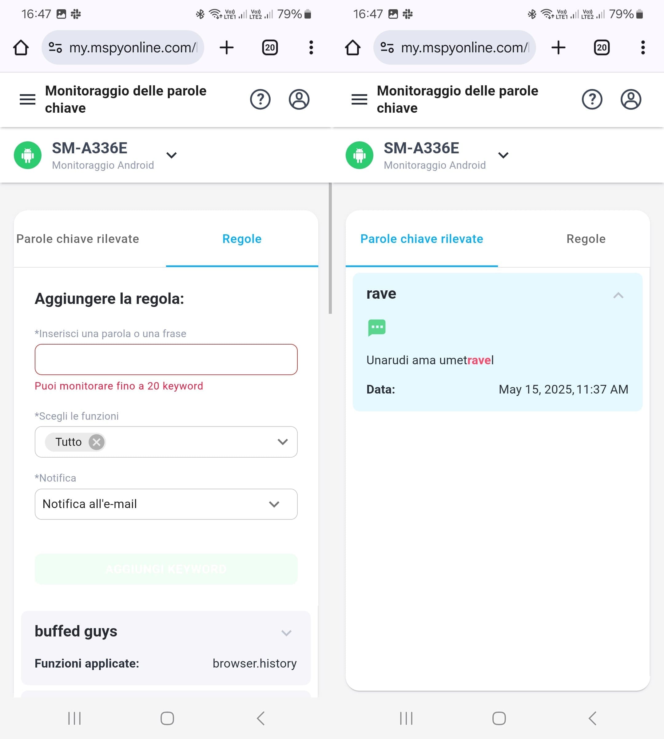 Inserisci una parola chiave da cercare sul telefono monitorato e attendi la notifica.