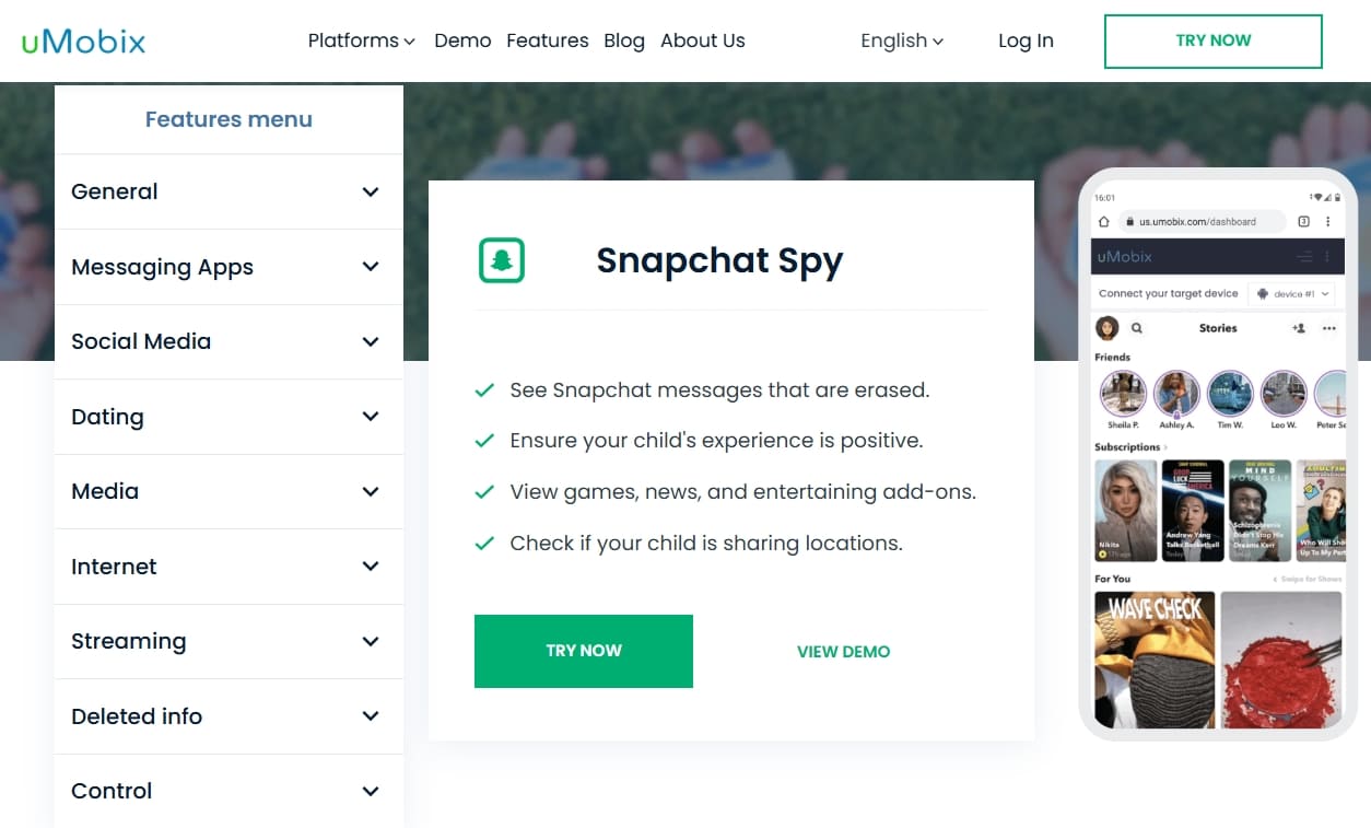 Immagine del sito web di uMobix con le informazioni e le funzioni di tracciamento di Snapchat.