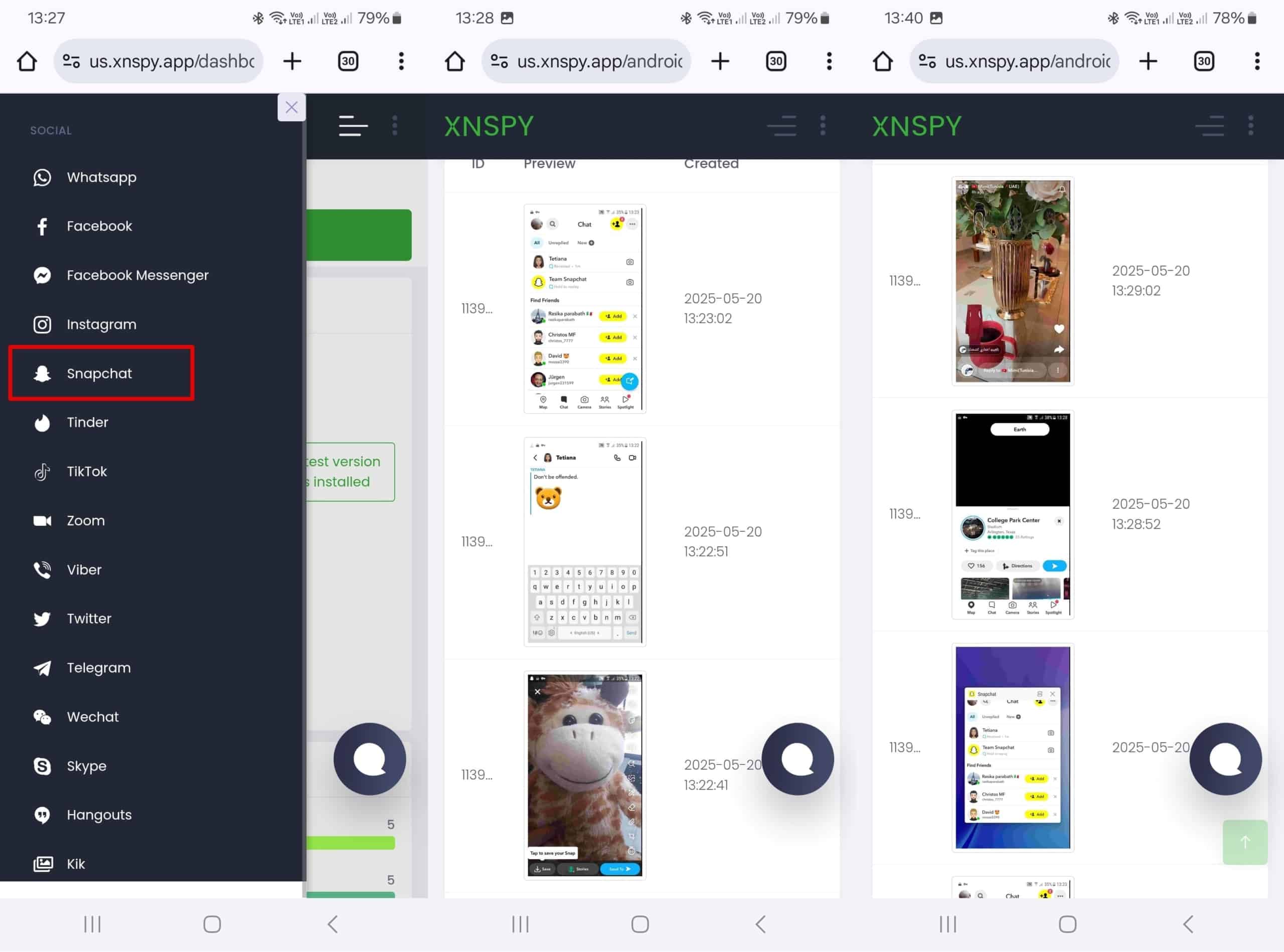 Schermata della dashboard di XNSPY che mostra il monitoraggio dell'attività di Snapchat con i timestamp.