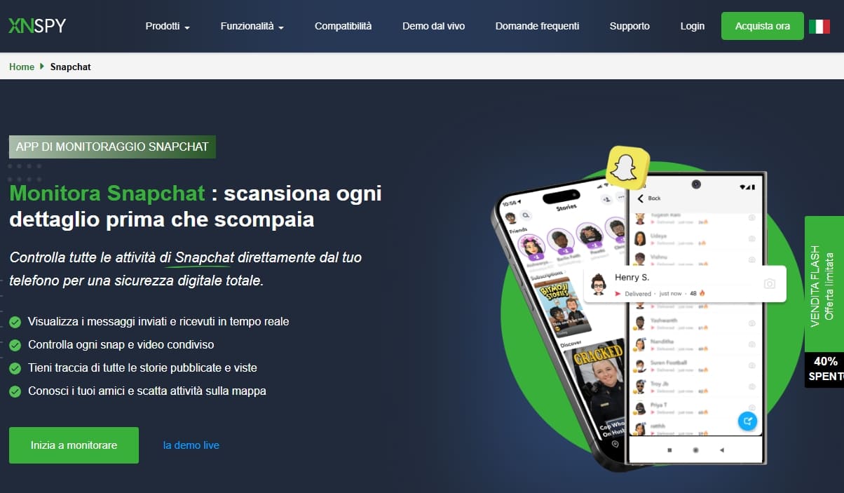 Un'immagine di XNSPY che mostra la funzione di monitoraggio di Snapchat.