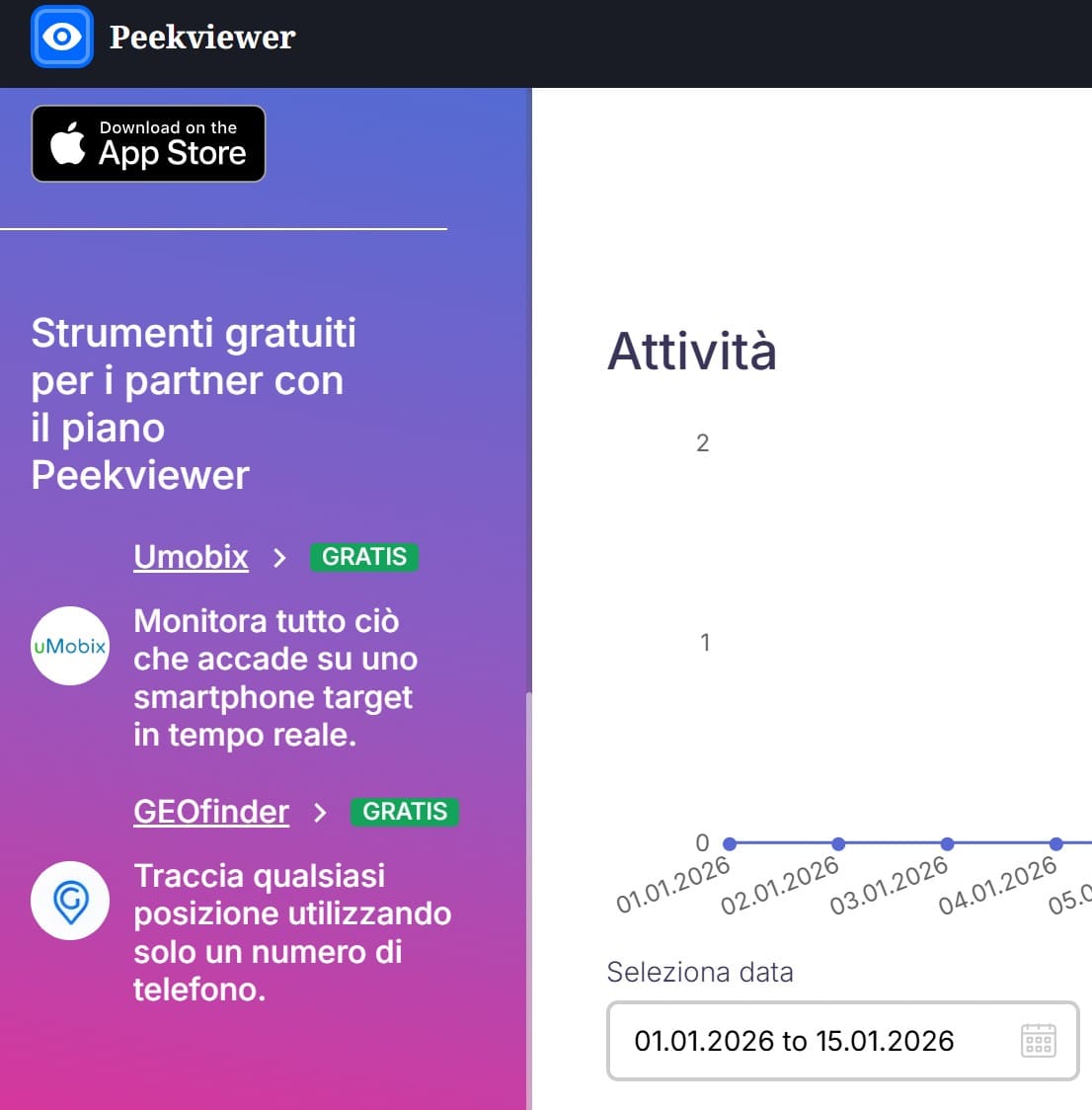 PeekViewer offre uMobix e GeoFinder gratuitamente all'interno del suo piano.