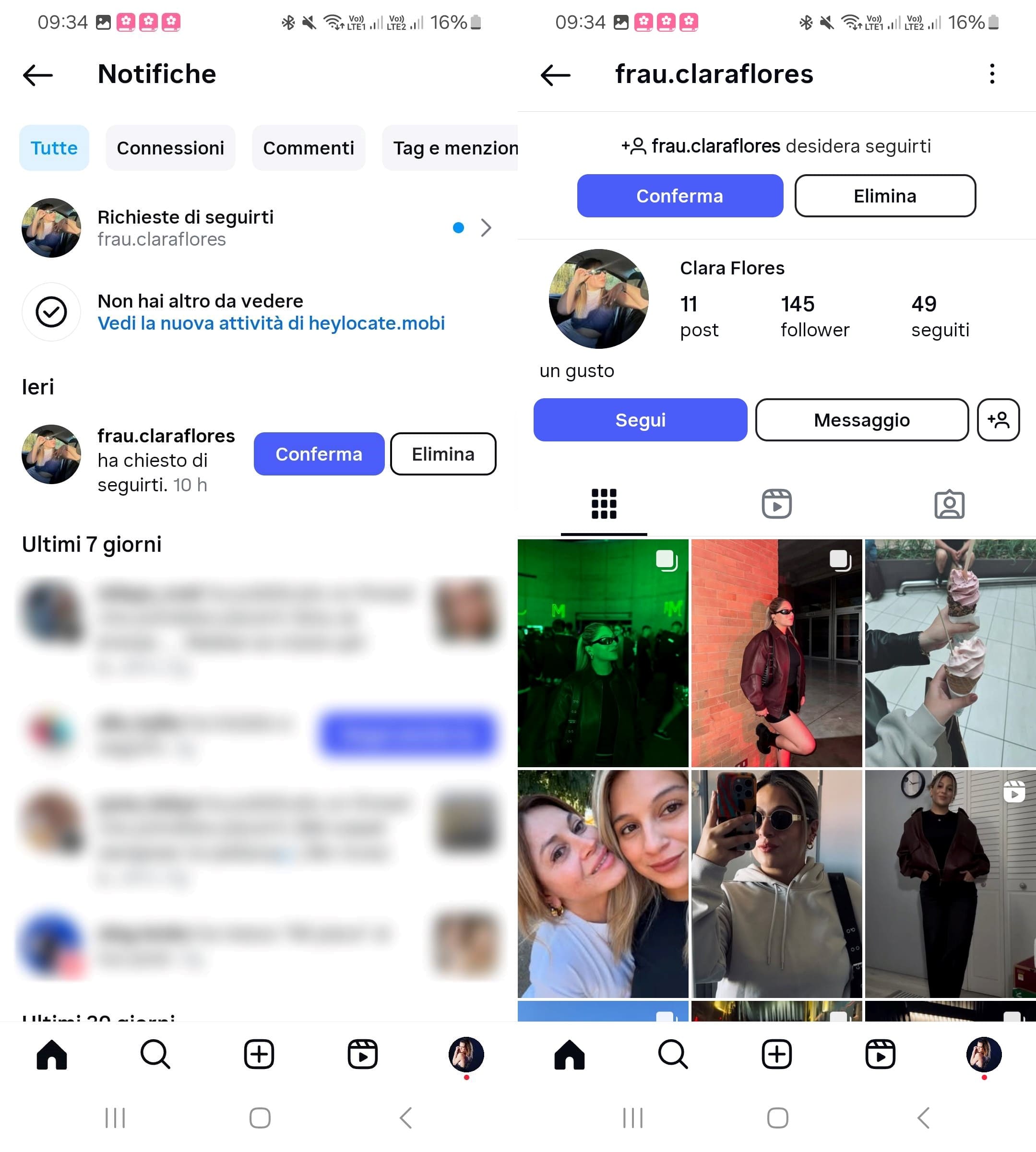 Richiesta di un nuovo follower sull'account Instagram privato.