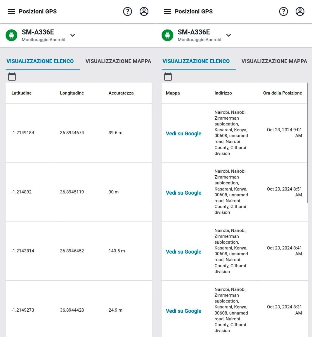 Elenco delle posizioni GPS: latitudine, longitudine e precisione in metri, indirizzi con possibilità di apertura su Google Maps, data e ora della visita.
