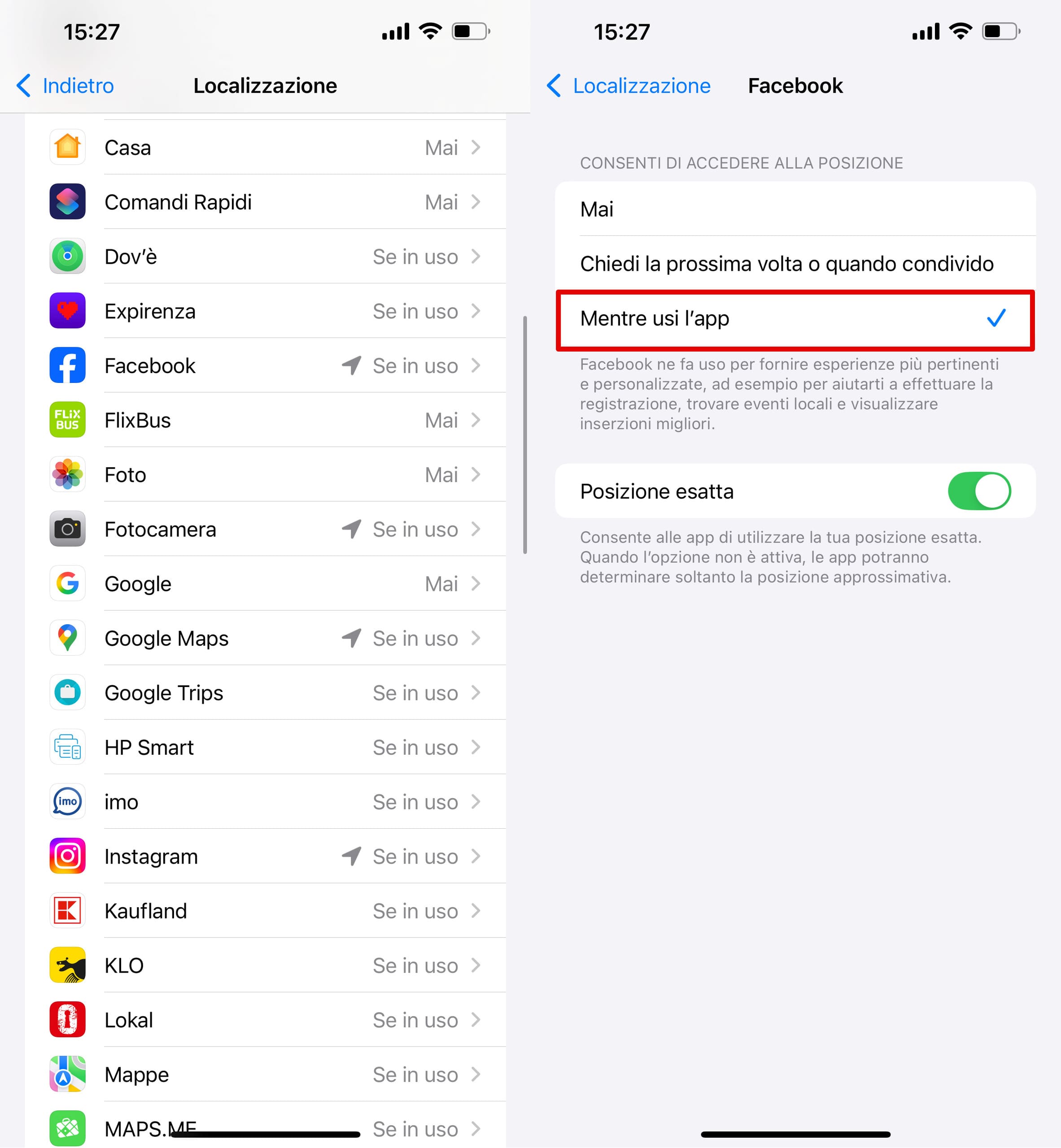 Seleziona l'app Facebook e attiva i servizi richiesti sull’iPhone.
