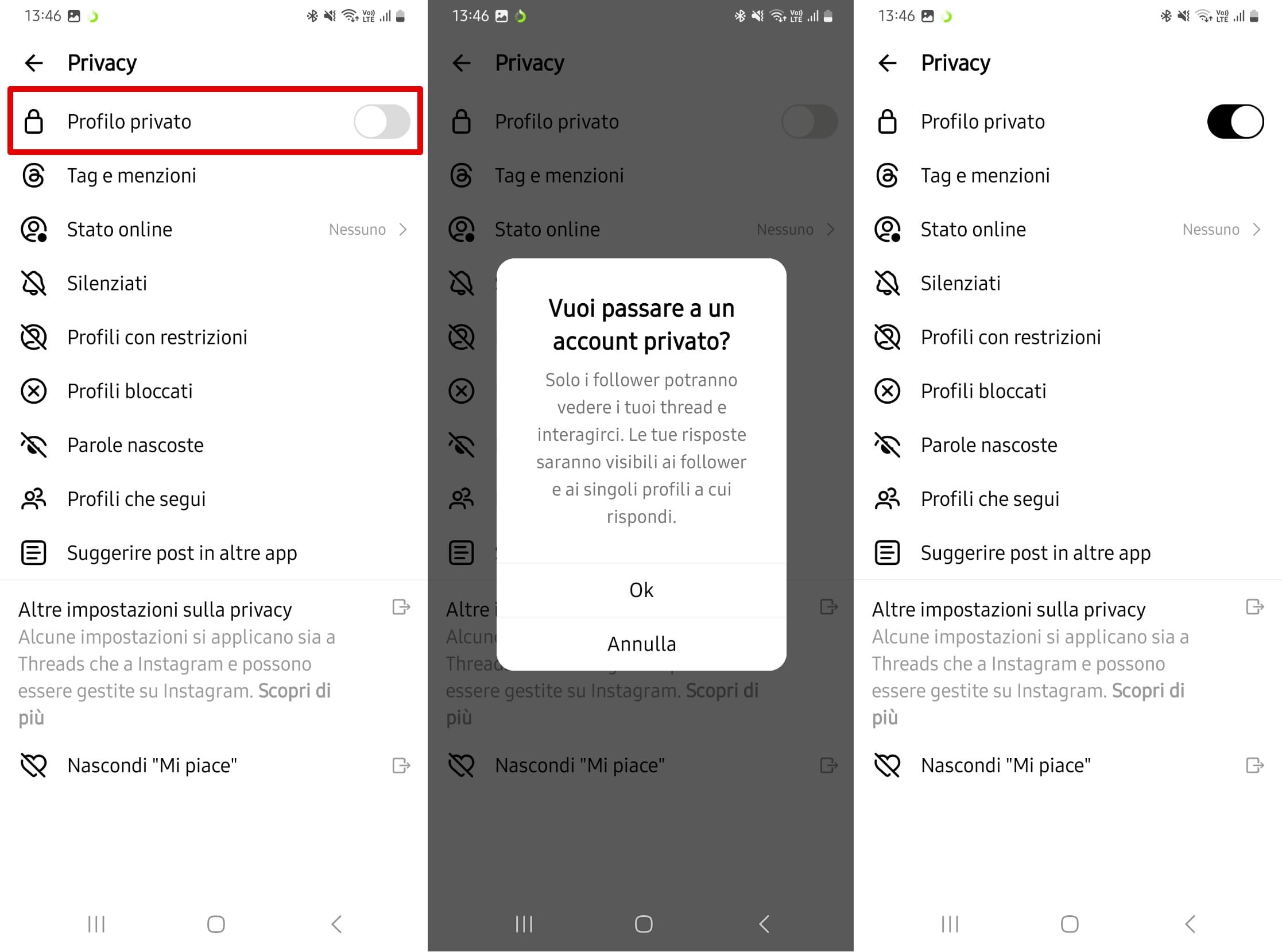 Le impostazioni privacy di Threads per rendere l'account privato spostando il cursore accanto a "Profilo privato" verso destra per renderlo nero.