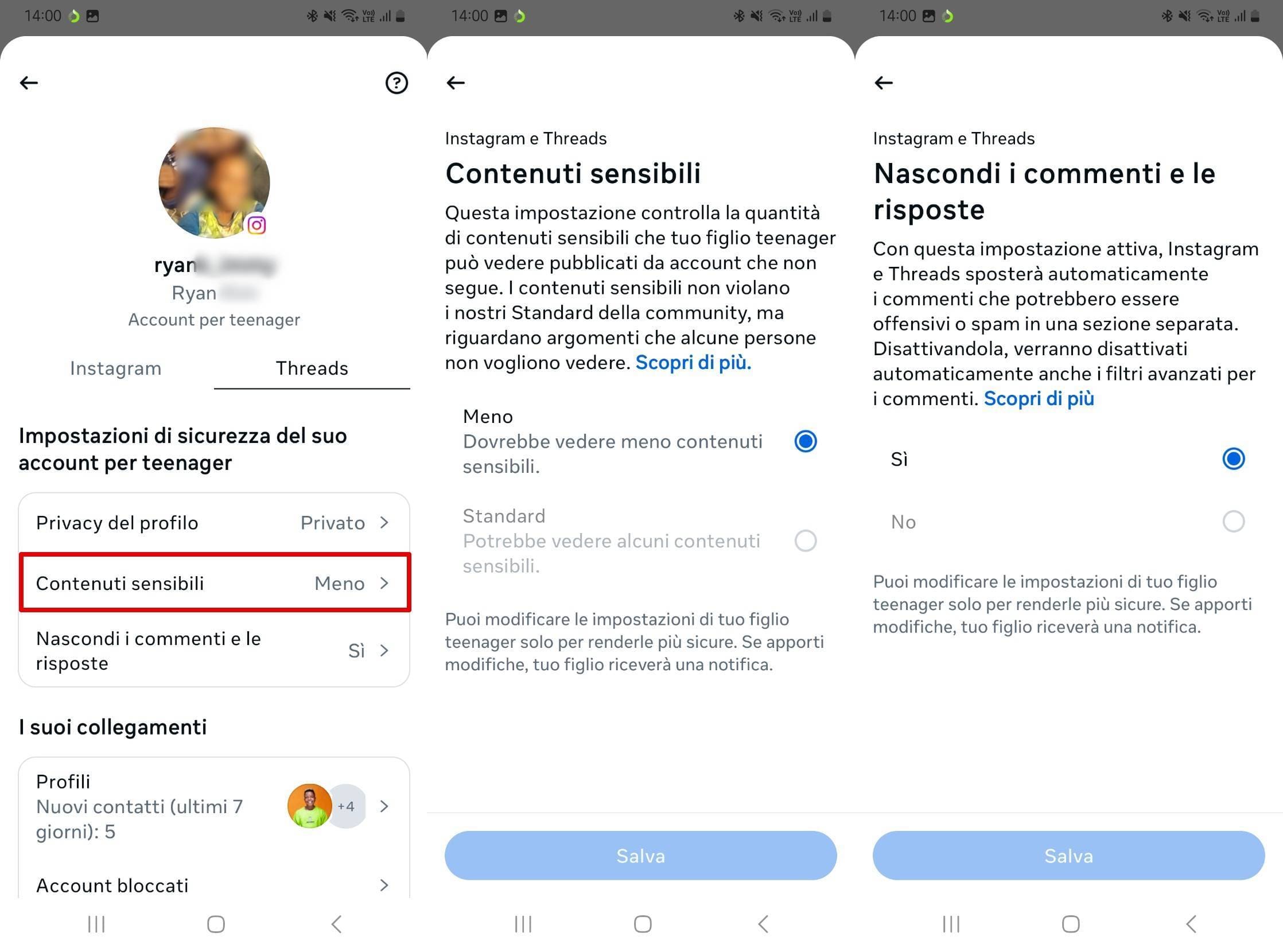 Le impostazioni per i Contenuti sensibili e Nascondi i commenti e le risposte su Threads nel Centro per le famiglie.