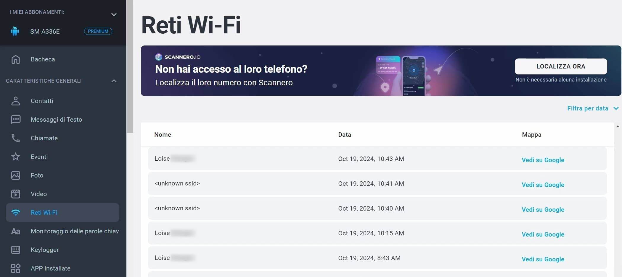 mSpy mostra le posizioni tracciate dalle reti Wi-Fi connesse.