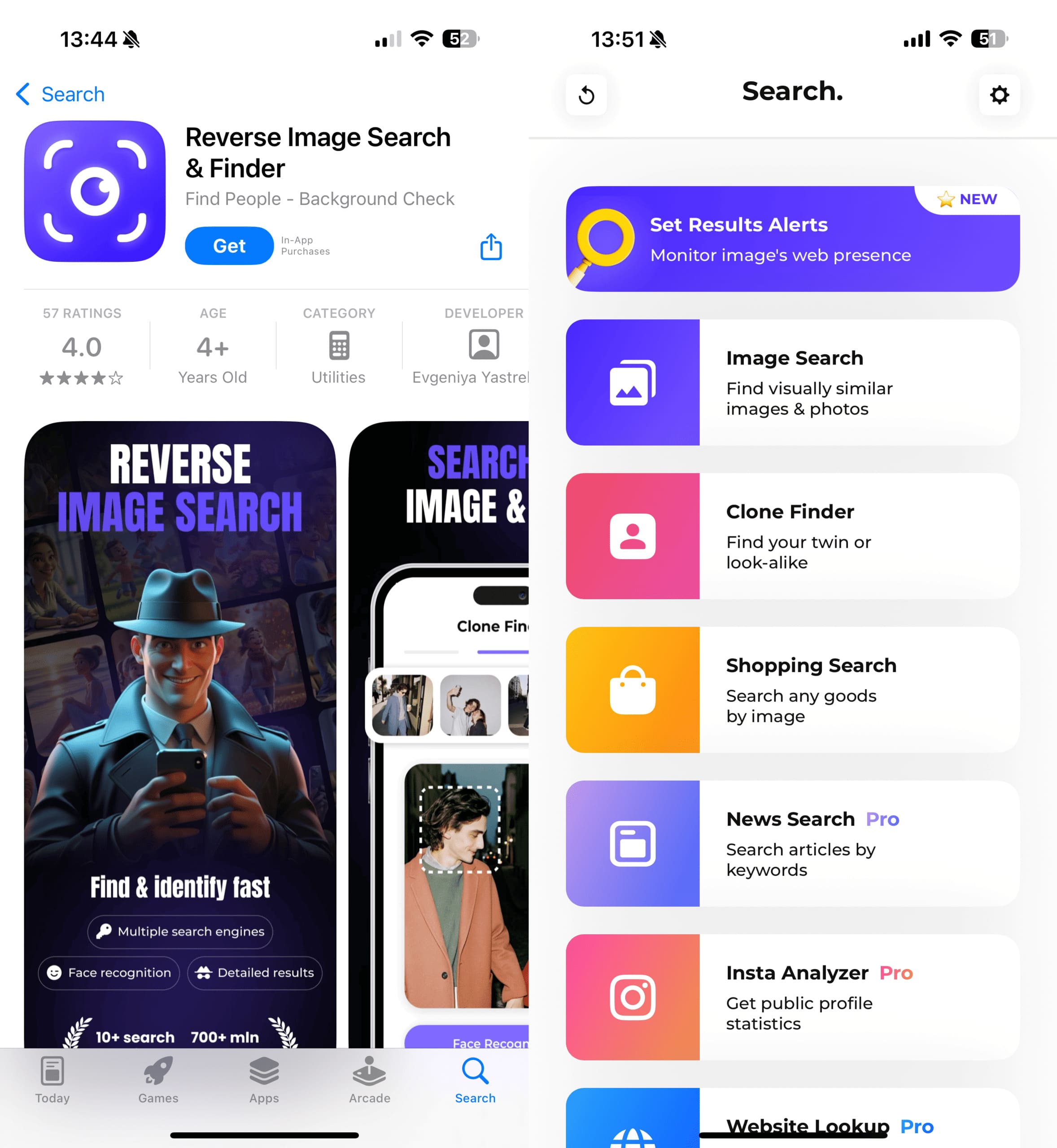 l’app Reverse Image Search & Finder per la ricerca e il ritrovamento di immagini sull'App Store e la sua pagina principale.