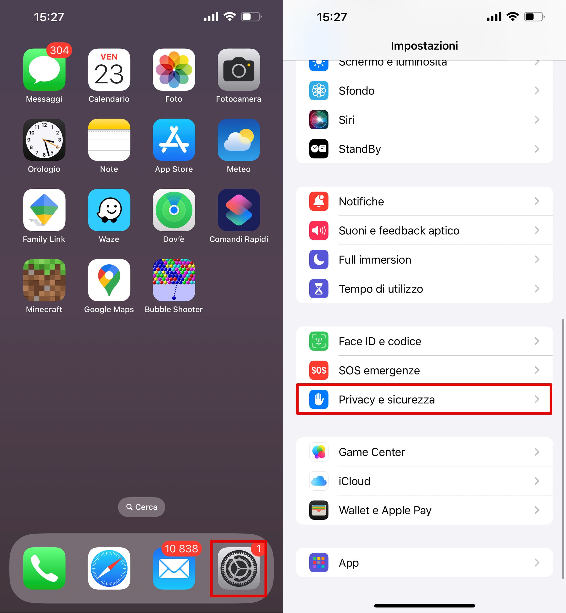 Le impostazioni di privacy e sicurezza su un iPhone.