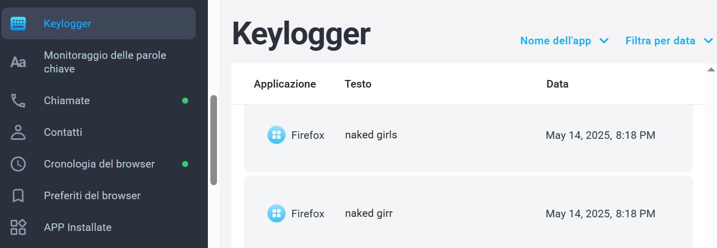 Clicca su Keylogger per vedere le parole digitate sul telefono dalla dashboard mSpy.