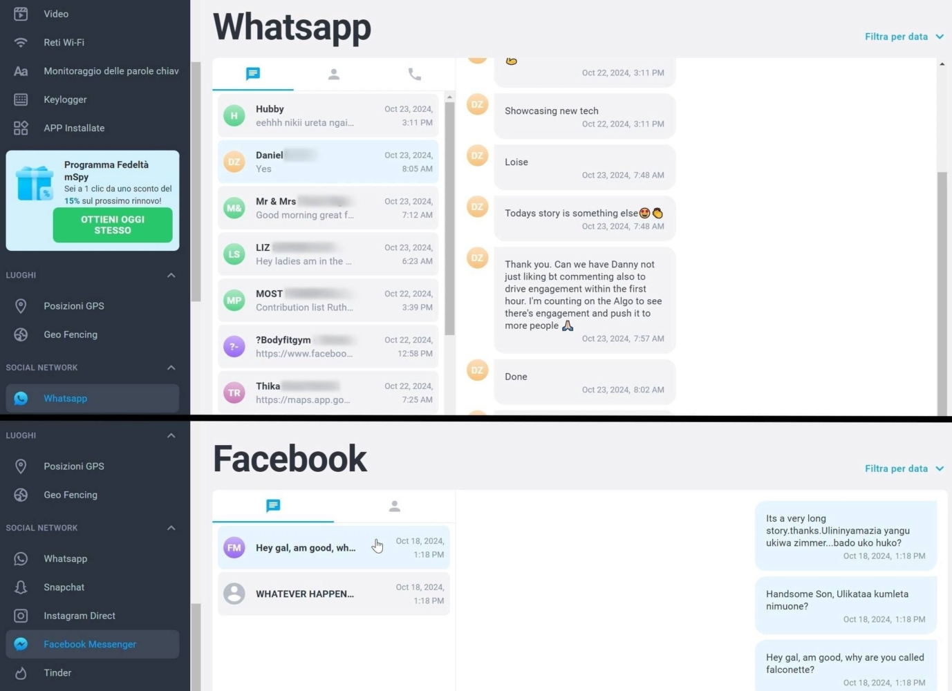 Messaggi tracciati su WhatsApp e Facebook tramite mSpy.