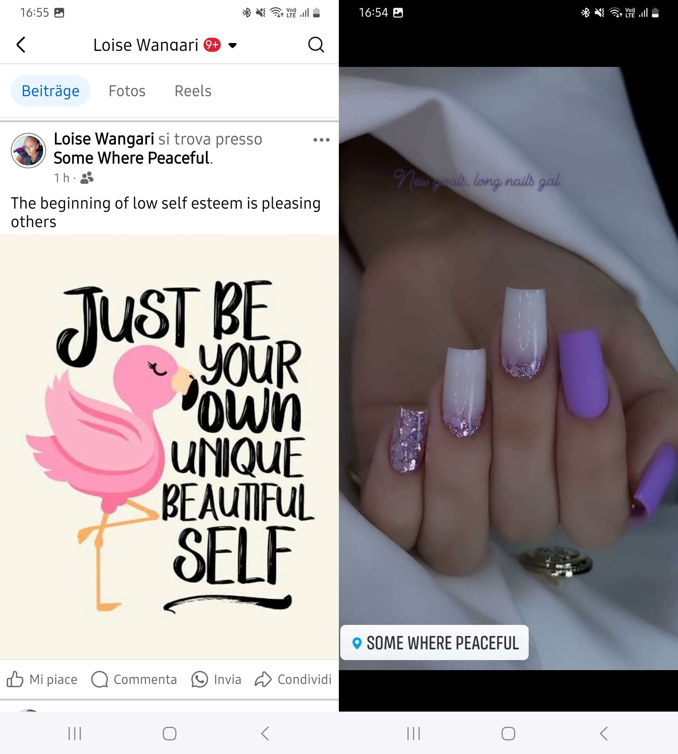 Un post di Facebook con un geotag pubblicato e una storia di Facebook che mostra l'adesivo di posizione.