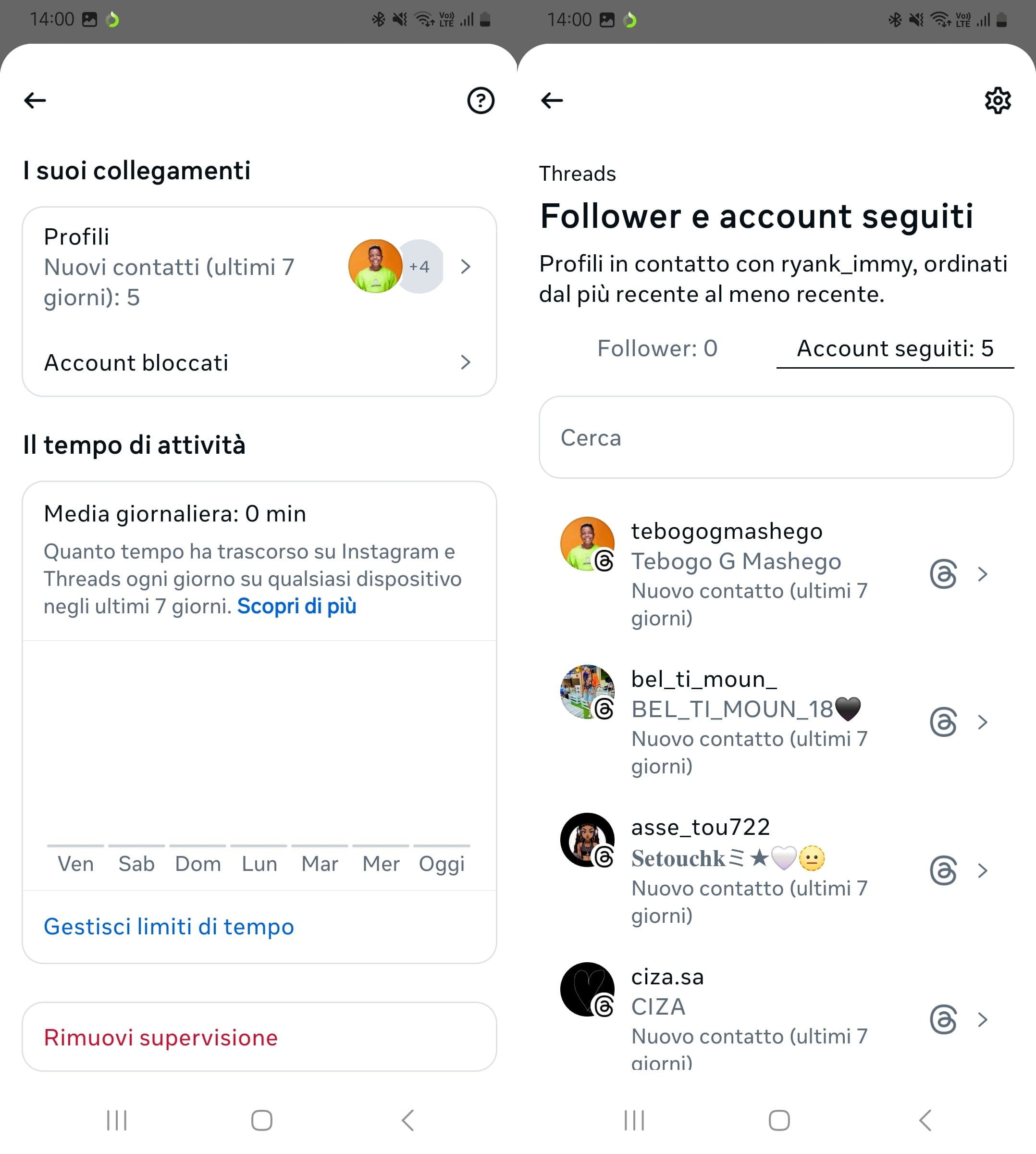 Clicca su "Follower" per vedere i collegamenti su Threads dal Centro per le famiglie.