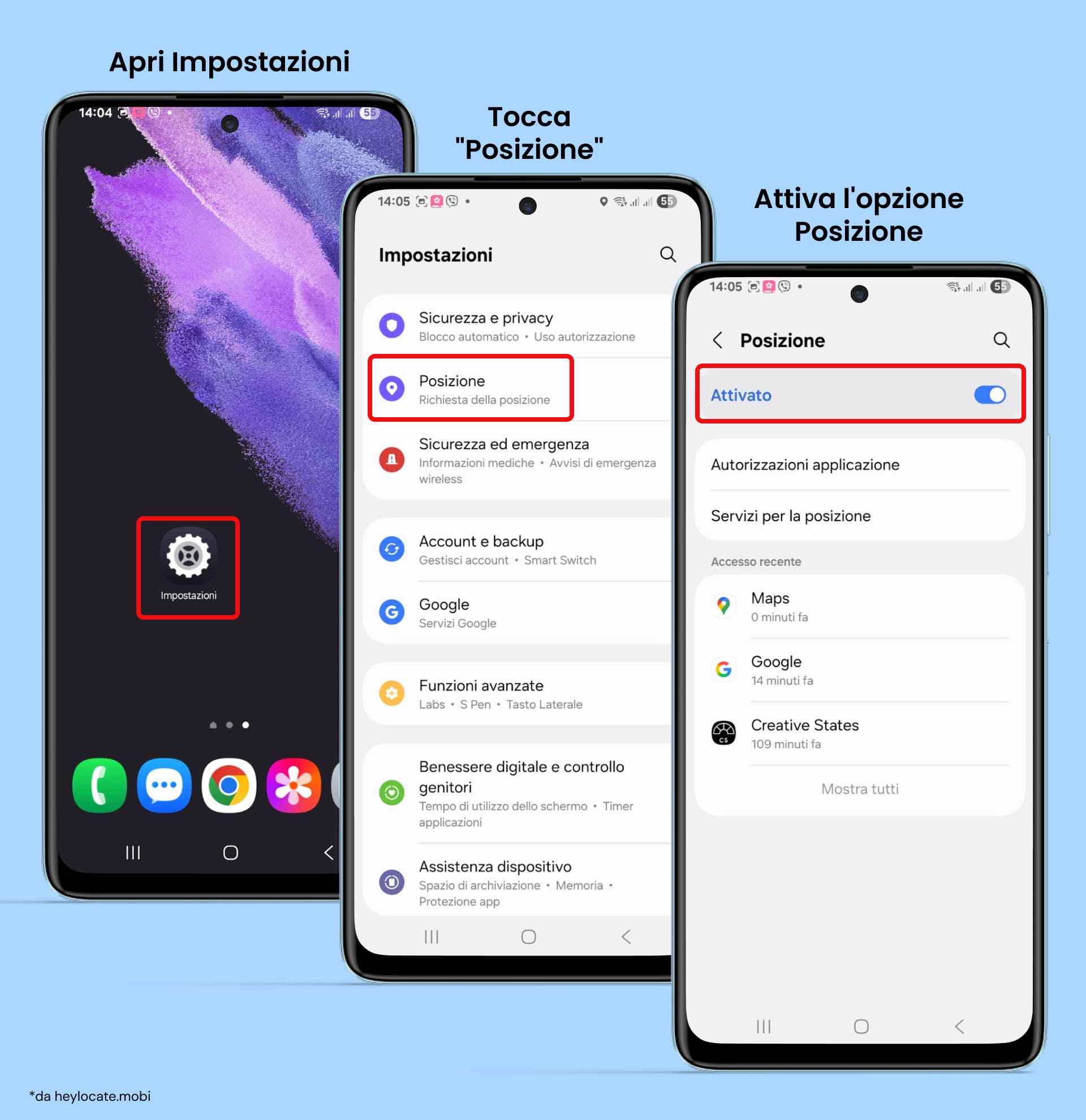 Le istruzioni che mostrano la gestione delle Impostazioni di Android: apri Impostazioni, seleziona Posizione e attiva l'interruttore Posizione.