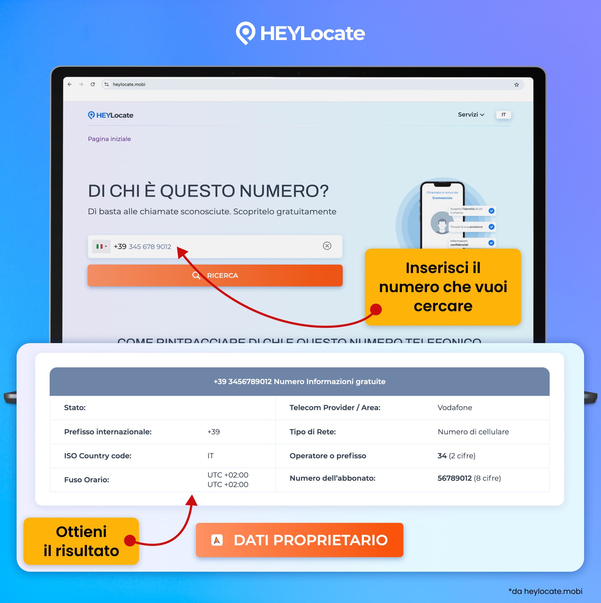 Inserisci il numero di telefono nel campo di ricerca su HeyLocate e ottieni informazioni sul chiamante sconosciuto.