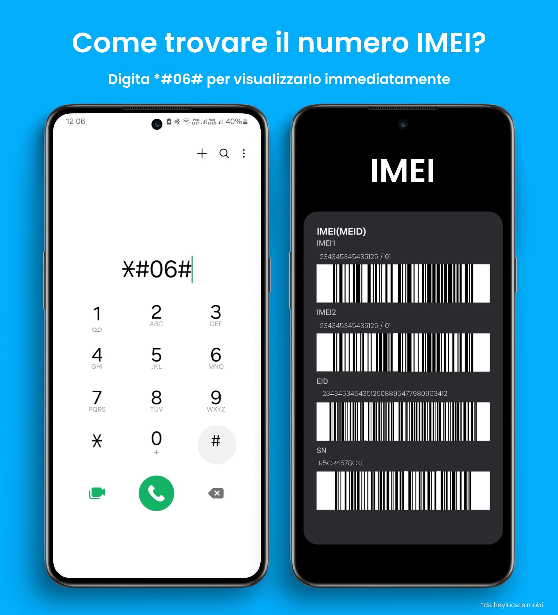 Una guida grafica su come trovare un numero IMEI su un telefono cellulare - componendo #06#.
