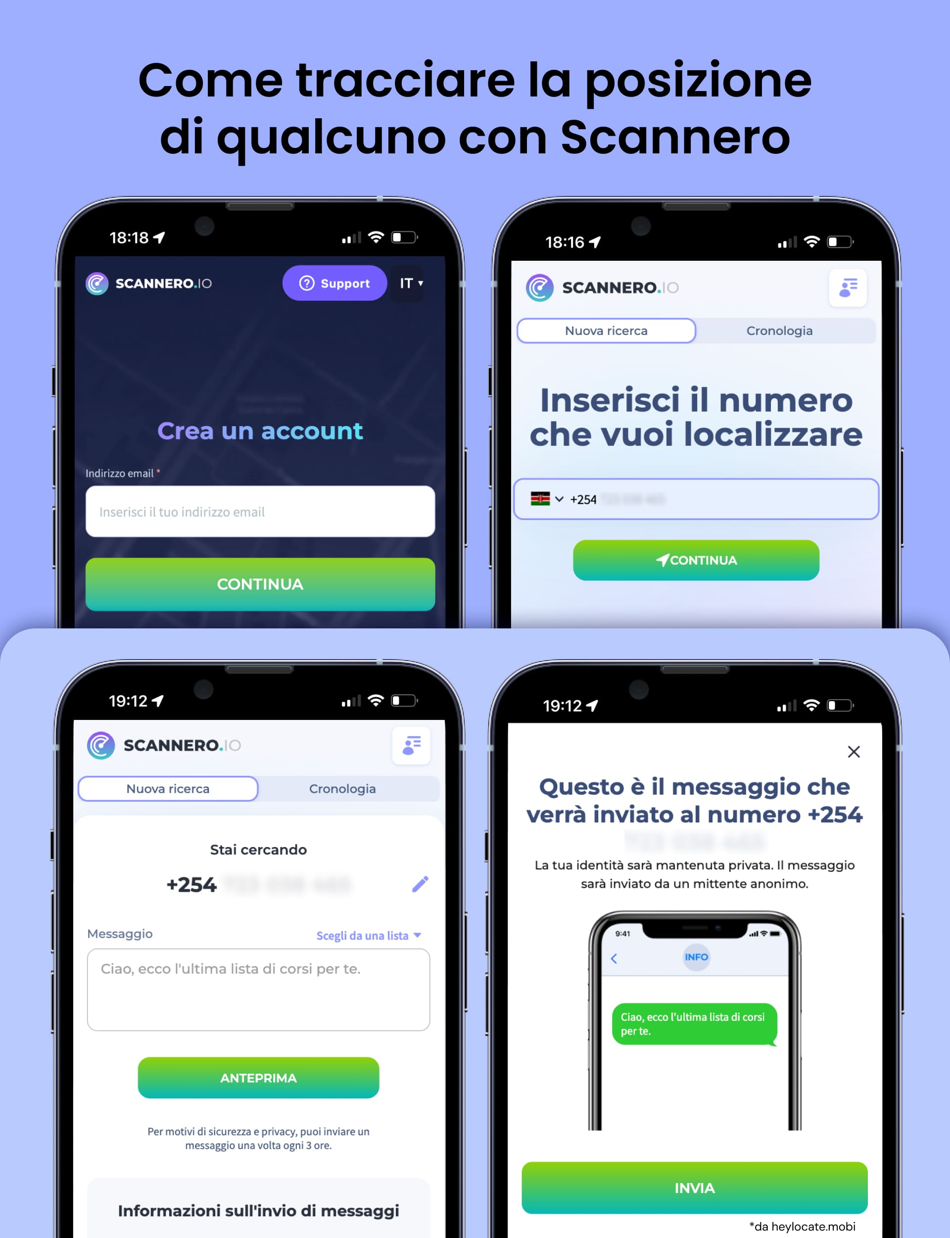 Passaggi per tracciare una posizione in Scannero: creare un account, inserire un numero di telefono, comporre un messaggio e visualizzare l'anteprima dell'SMS che verrà inviato per tracciare la posizione.
