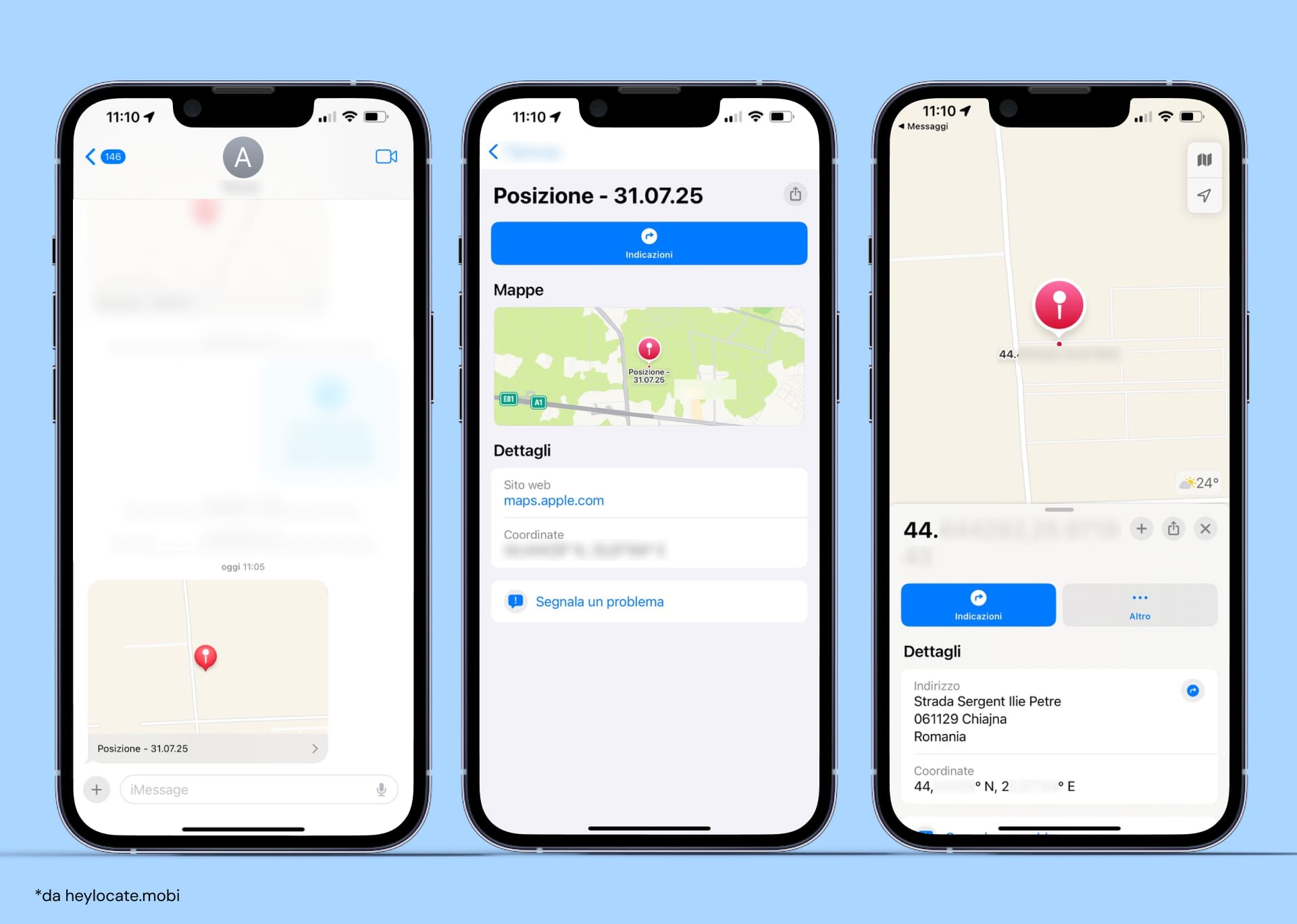 Visualizzazione della posizione in iMessage con anteprima della mappa inclusi data, coordinate della posizione e sito web correlato.