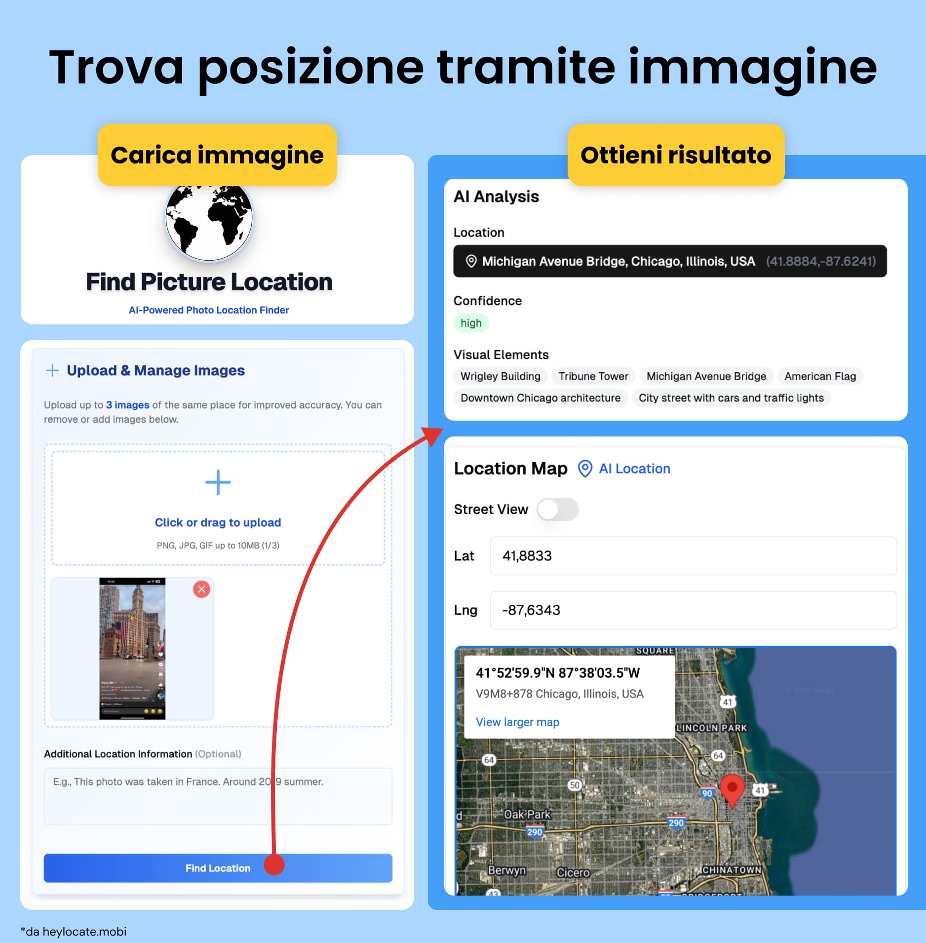 Carica una foto della posizione che vuoi trovare, ottieni il risultato e una mappa della posizione con l'indirizzo.