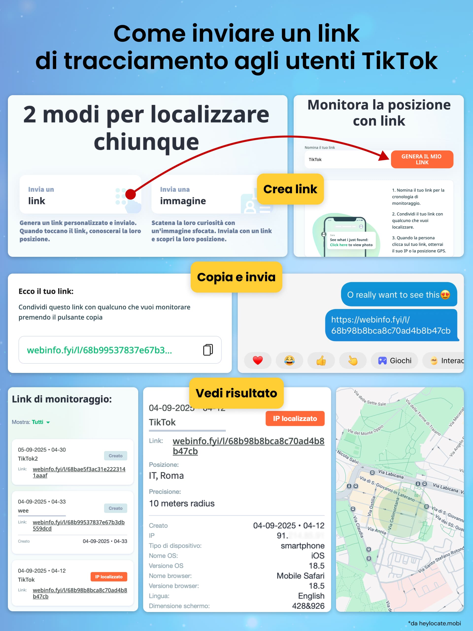 Guida passo-passo che mostra come creare, copiare, inviare e localizzare un link di posizione per utenti TikTok.