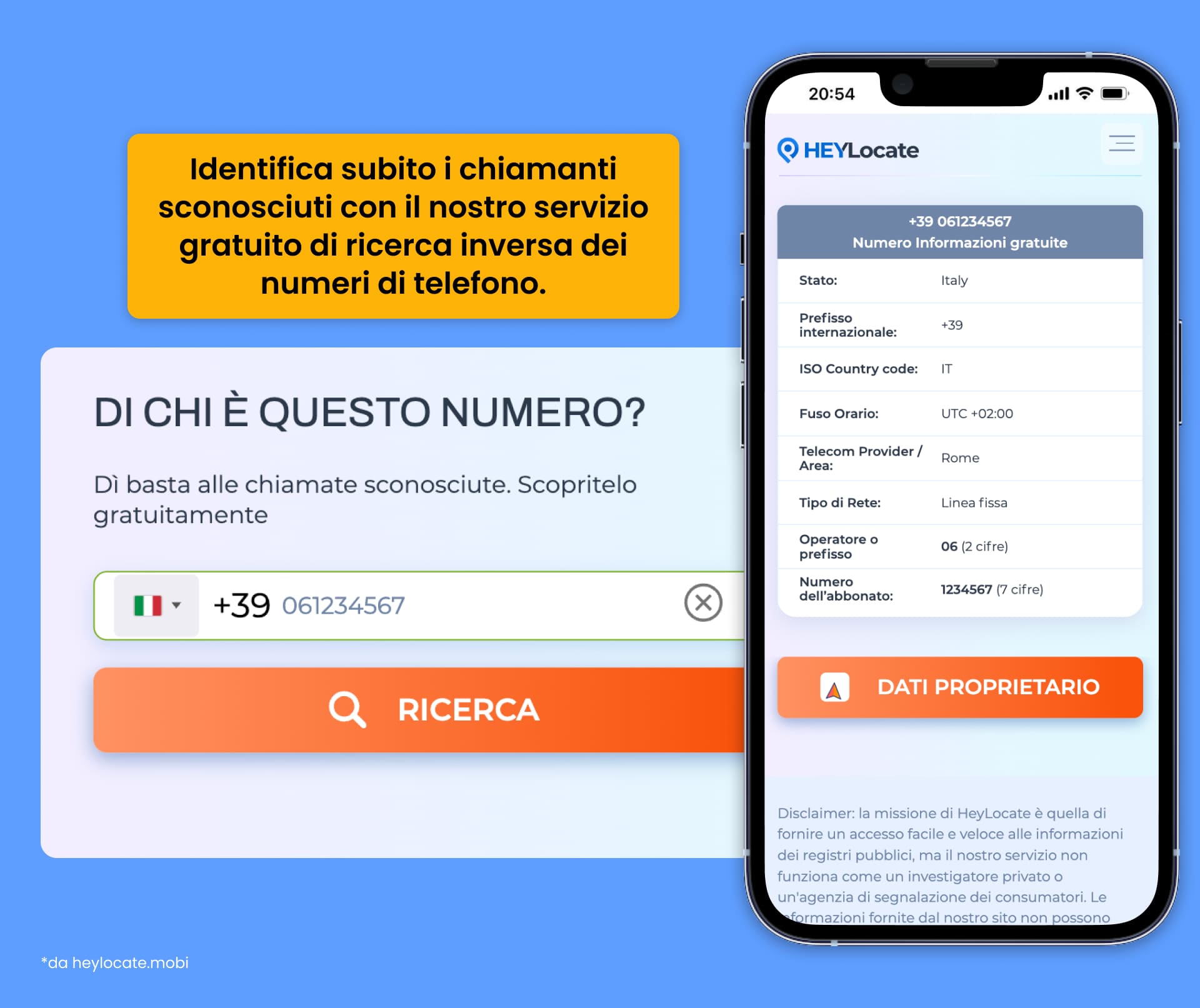 Ricerca inversa del numero di telefono su HeyLocate che mostra i dettagli del chiamante: paese, prefisso internazionale, fuso orario, nome dell’operatore, posizione e tipo di rete.