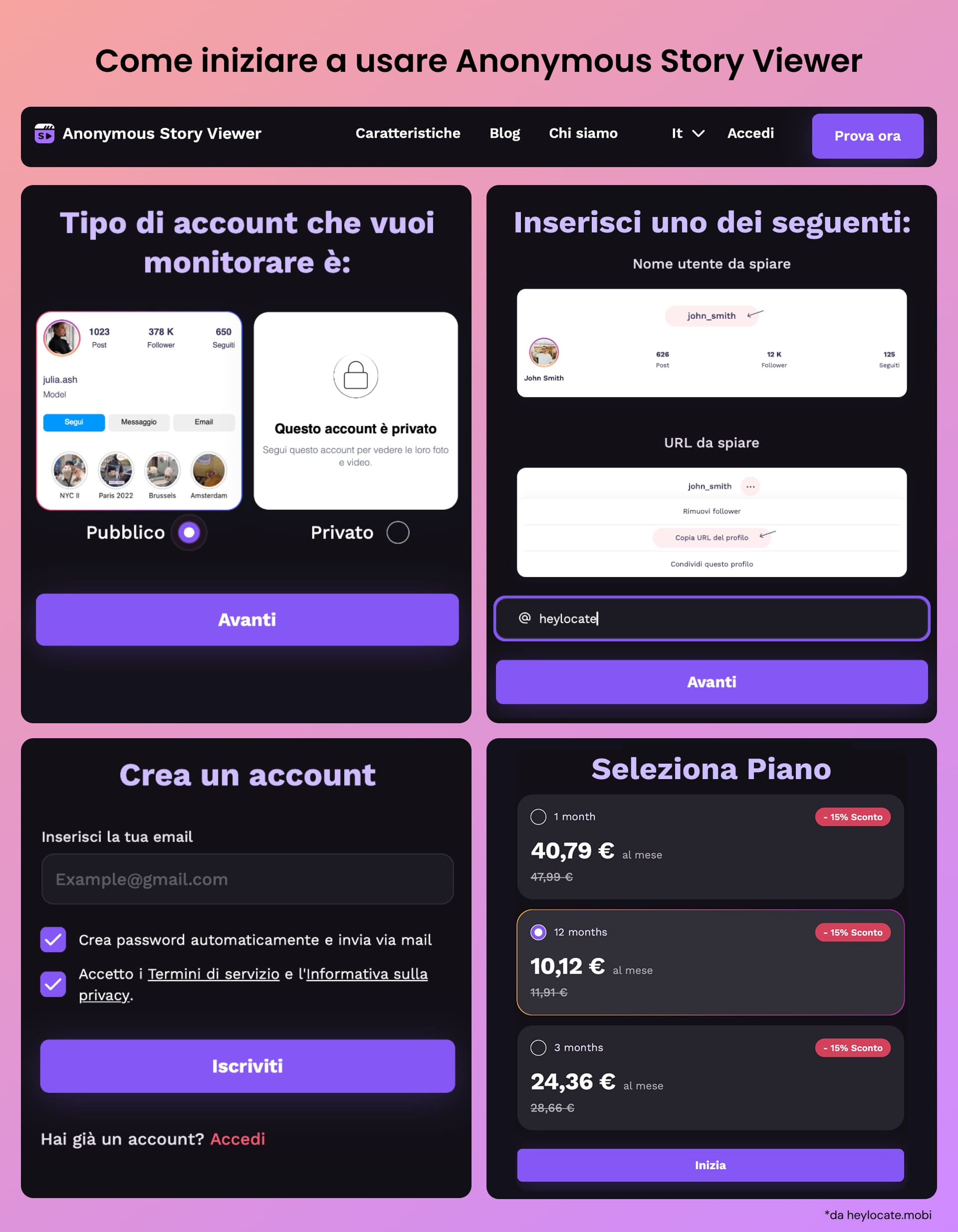 Istruzioni per l'utilizzo di Anonymous Story Viewer: seleziona il tipo di account, inserisci nome utente o link, registrati con il tuo indirizzo email e seleziona un piano tariffario.
