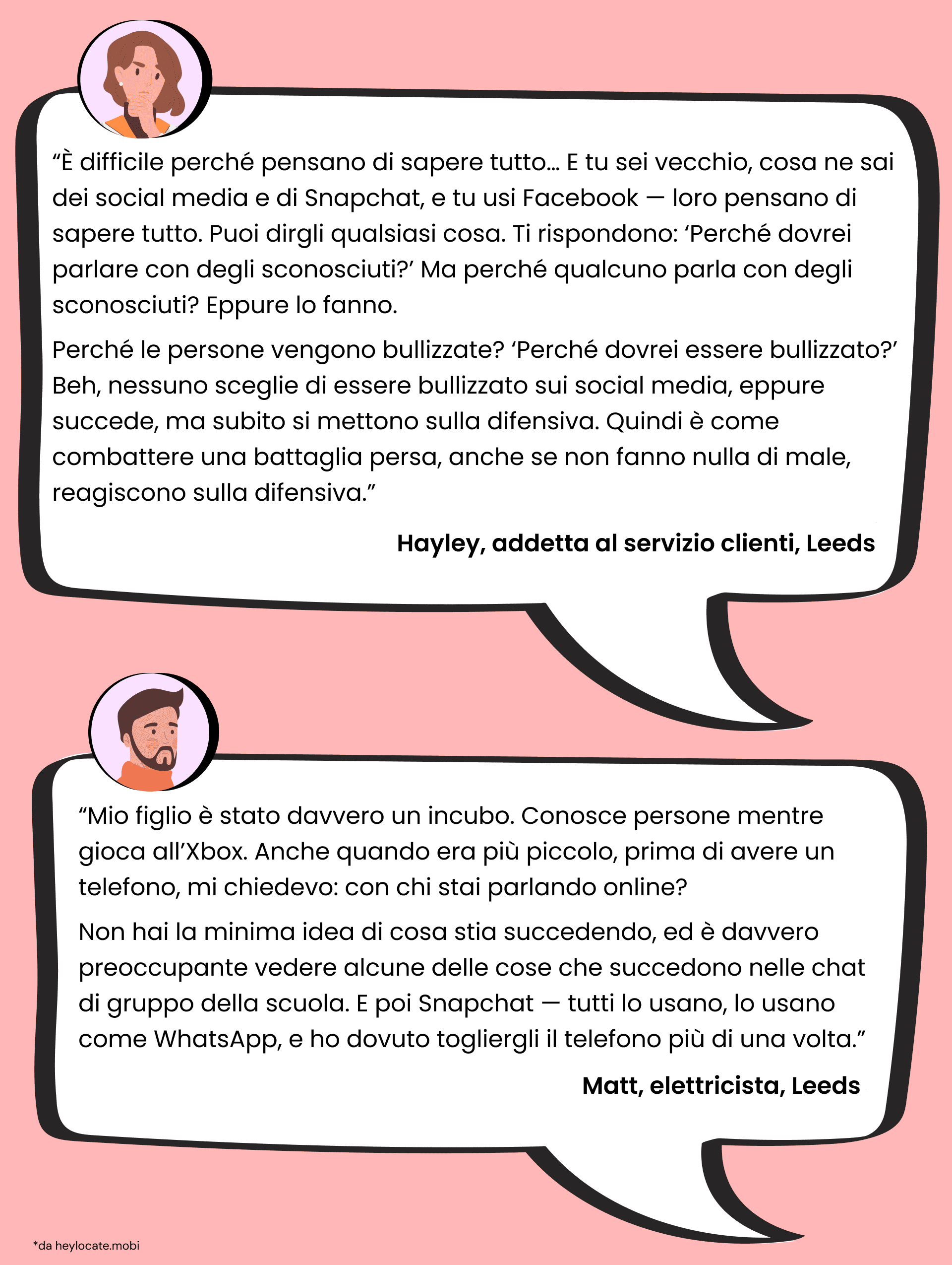 Due citazioni di genitori britannici che esprimono preoccupazioni sul comportamento online dei bambini e sulla sicurezza sui social media.
