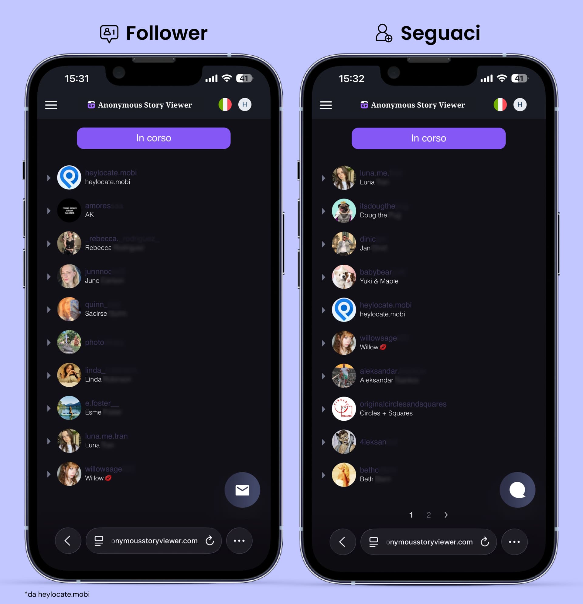 Elenchi di iscritti e iscrizioni nell'app Anonymous Story Viewer.