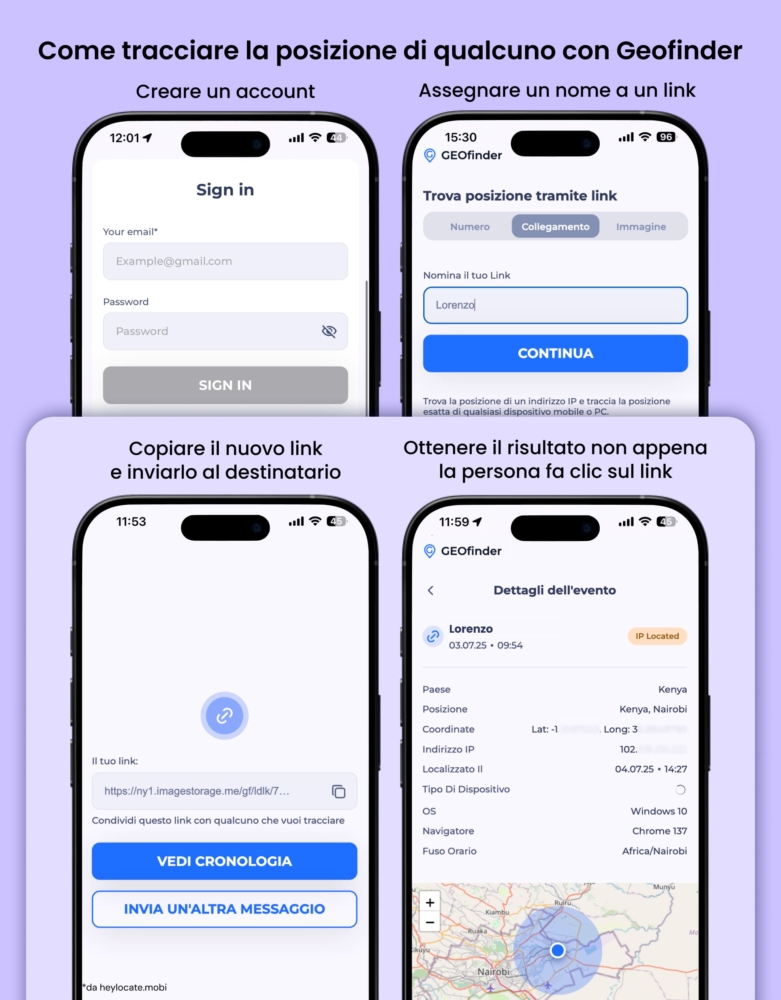 Crea un account, genera un link, invialo alla persona e visualizza la posizione sulla mappa.
