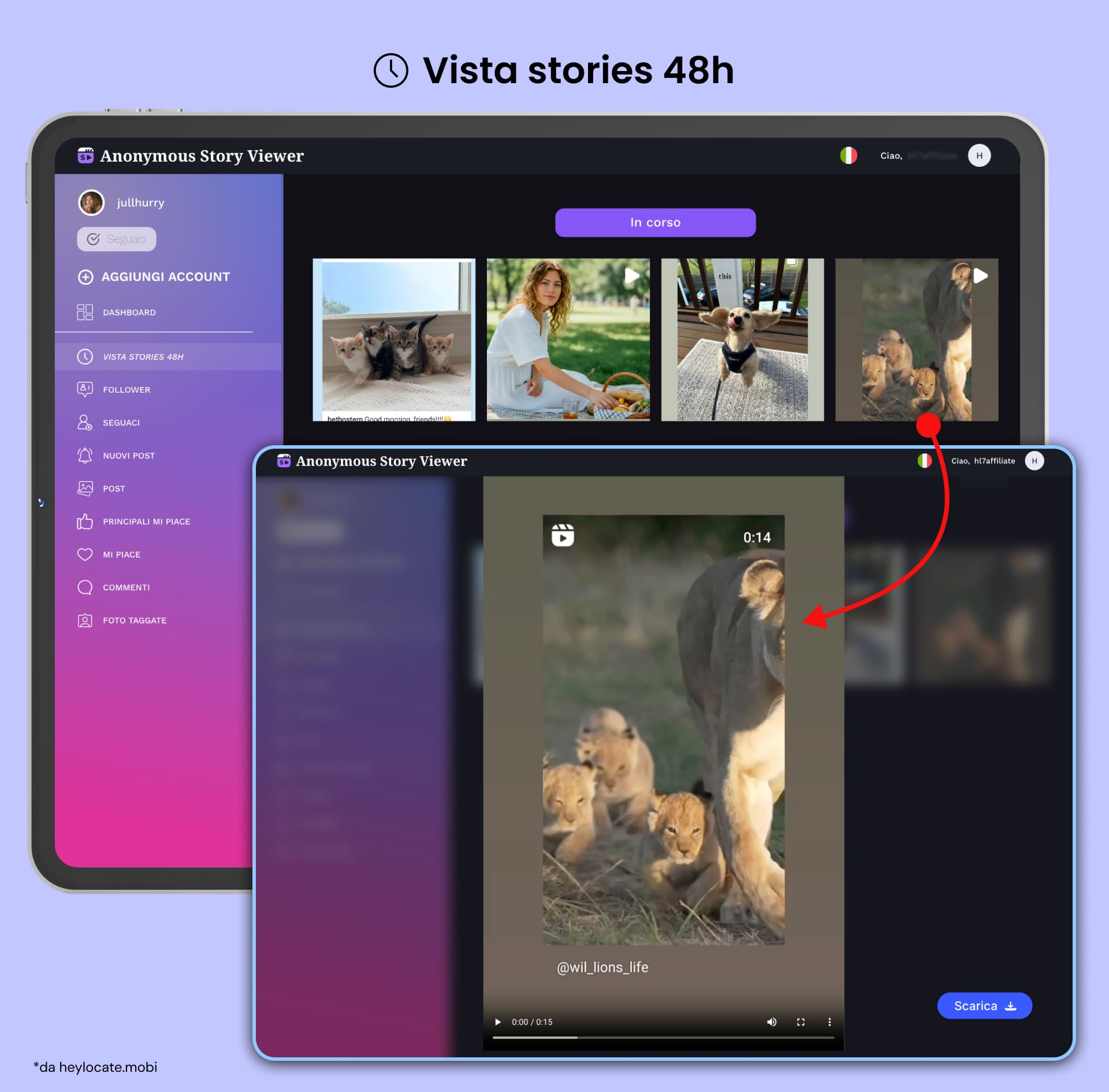 Una funzionalità per visualizzare le storie con immagini in miniatura e la storia selezionata visualizzata in modalità a schermo intero.