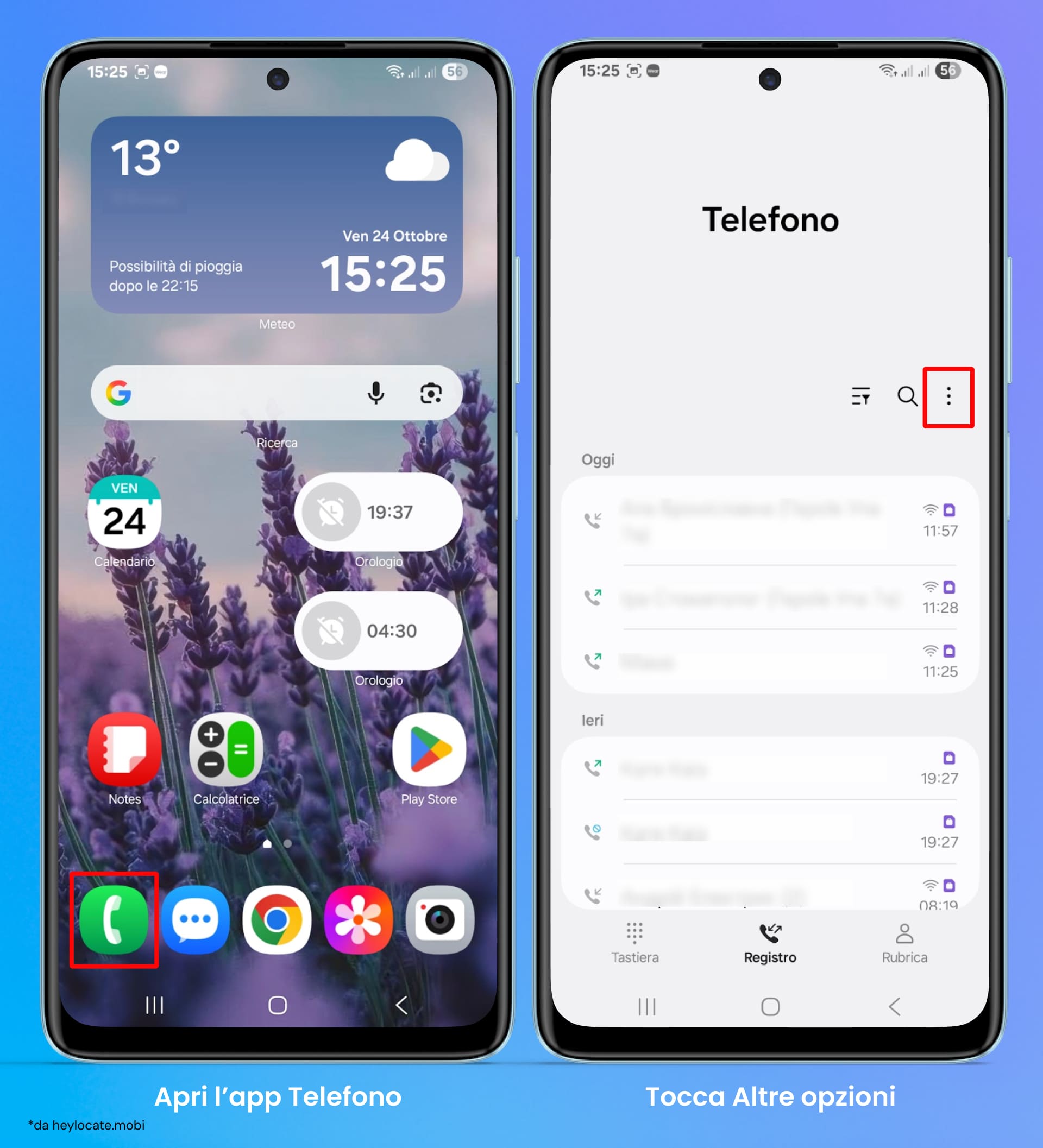 Scegli l’app Telefono sul tuo smartphone Android e tocca l’icona Altre opzioni.