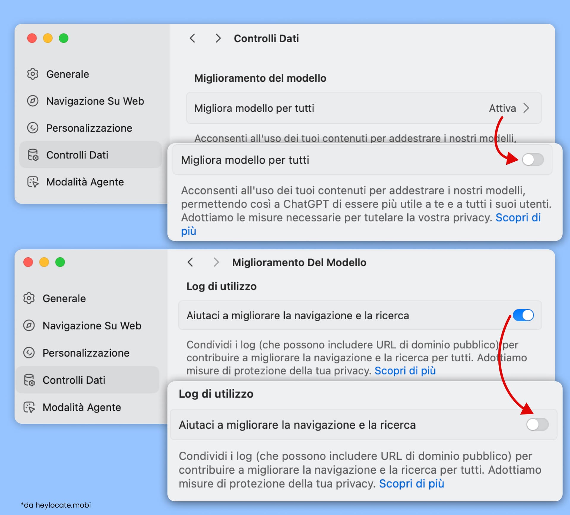 Disattivare “Migliora il modello per tutti” e “Aiuta a migliorare la navigazione e la ricerca” nei Controlli dei dati.