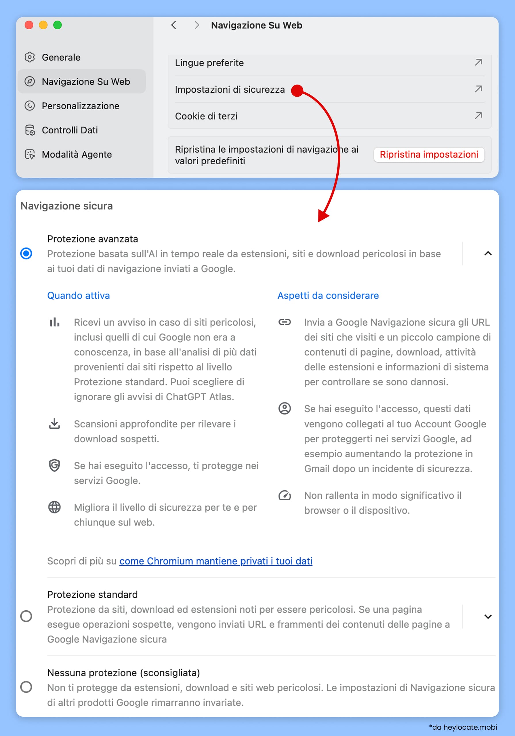 Aprire la sezione Navigazione Web in ChatGPT Atlas, poi Sicurezza, dove sono disponibili tre livelli di Navigazione Sicura.