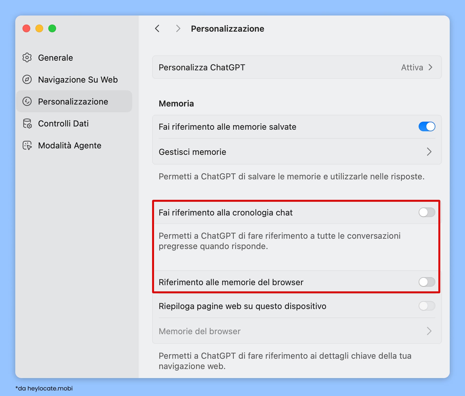 Aprire Personalizzazione → blocco Memoria → Memoria del browser e Riassunto delle pagine web su questo dispositivo.