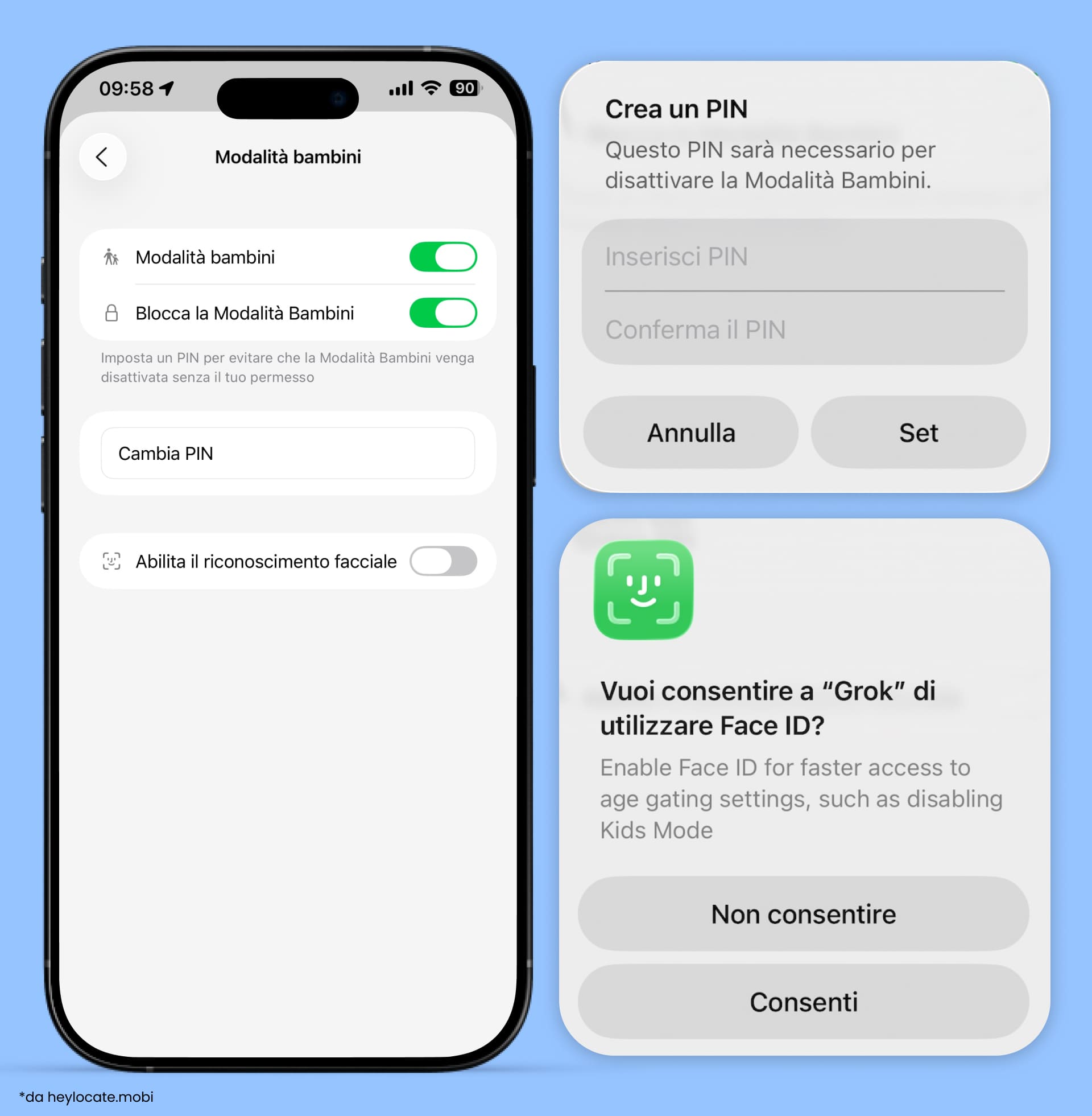 Opzioni Modalità bambini e Blocca modalità bambini (Lock Kids Mode) attivate, funzione per modificare il codice PIN e richiesta di attivazione del Face ID.