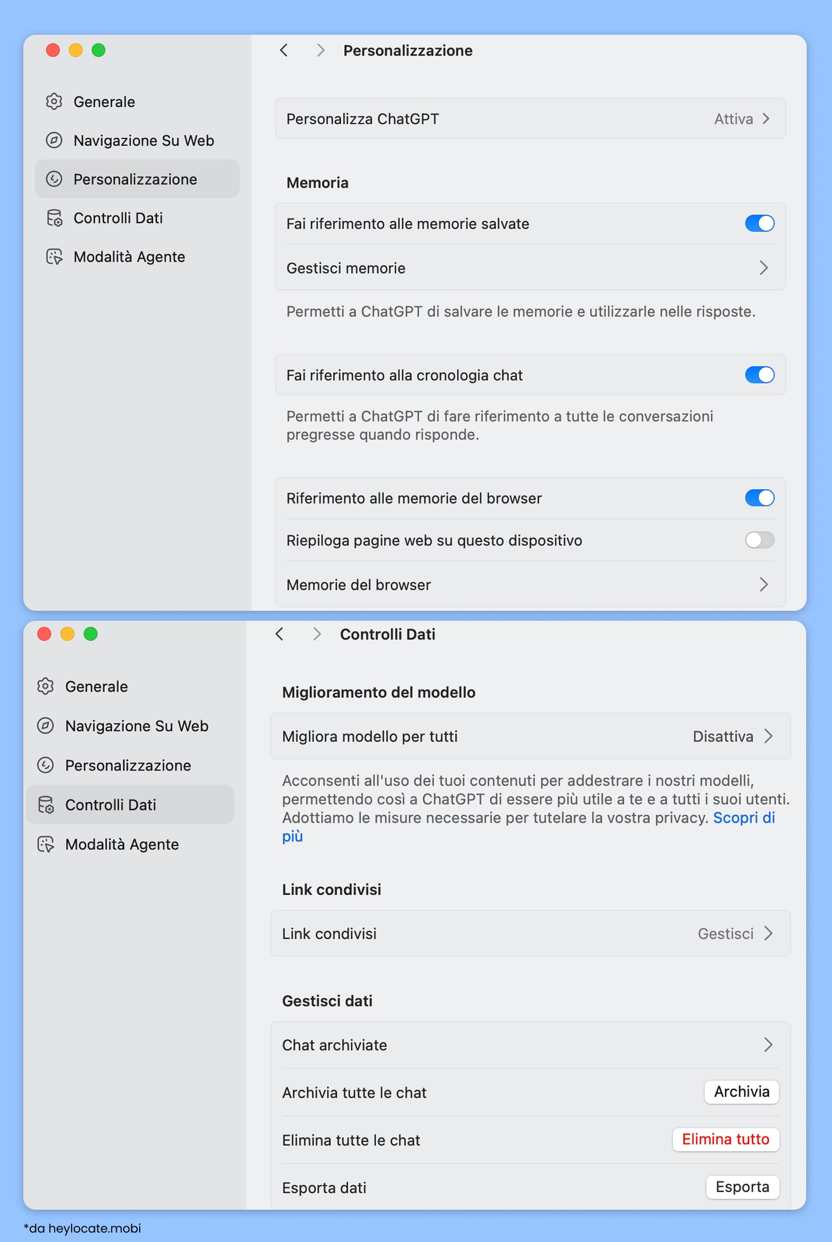 Impostazioni per disattivare la memoria ed eliminare i dati nel browser Atlas.