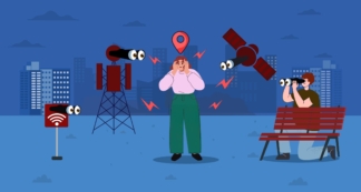 Illustrazione di una donna al centro, circondata da simboli di satelliti, ripetitori cellulari e Wi-Fi che la monitorano attraverso i suoi occhi, a simboleggiare il tracciamento della posizione.