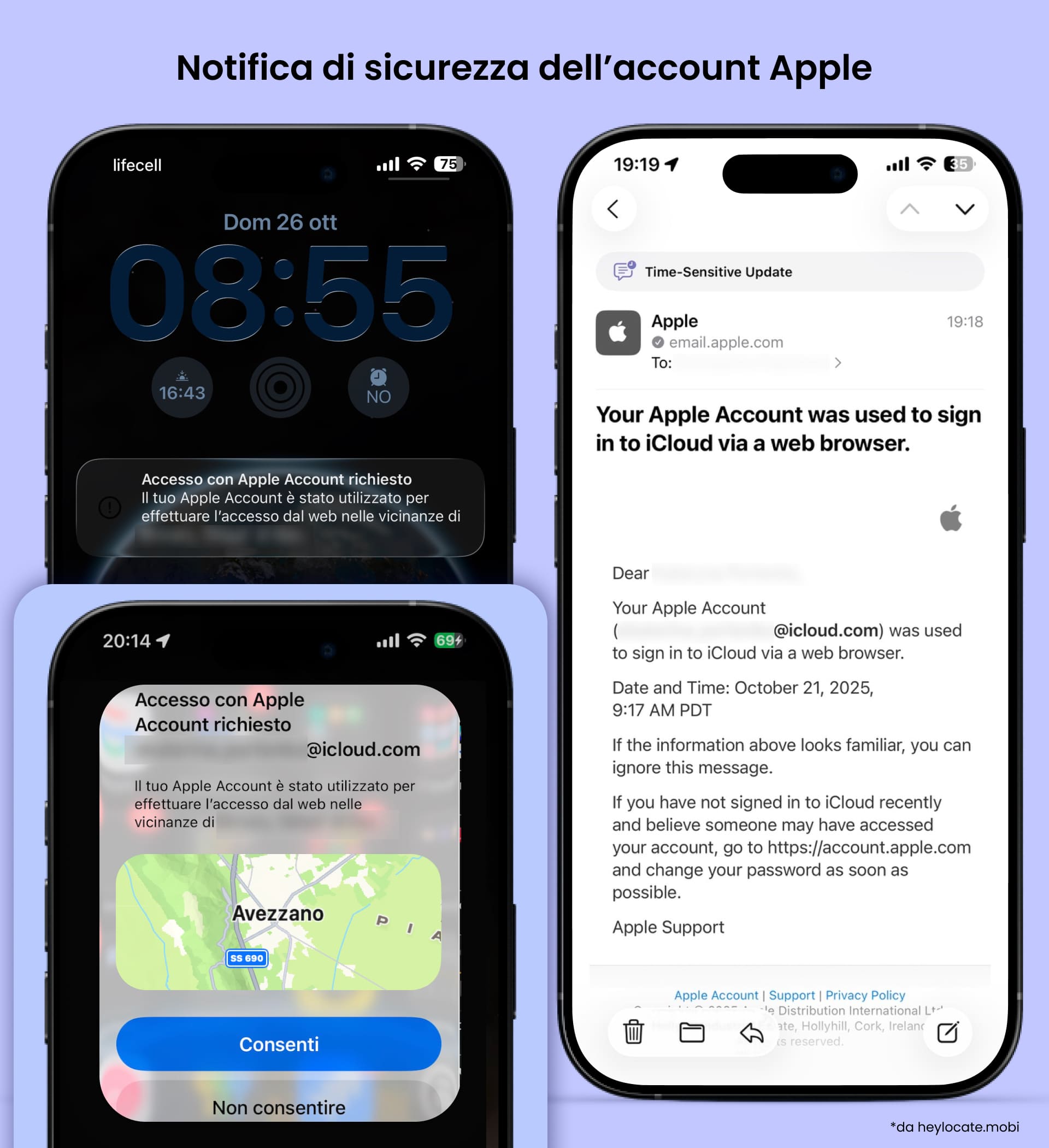 Notifica Apple sui tentativi di accesso a iCloud ed email di notifica.