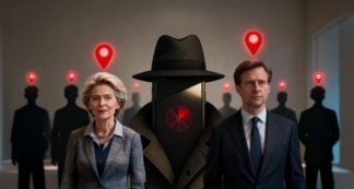 Illustrazione che mostra due politici accanto a una figura misteriosa con volto di smartphone e puntini rossi sopra le sagome, che simboleggia il monitoraggio e la sorveglianza digitale.
