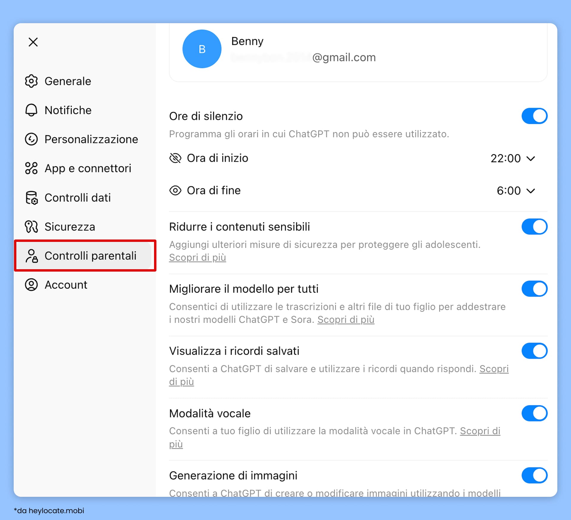 Menu del controllo parentale di ChatGPT Atlas con opzioni come Ore Silenziose e Riduci contenuti sensibili.