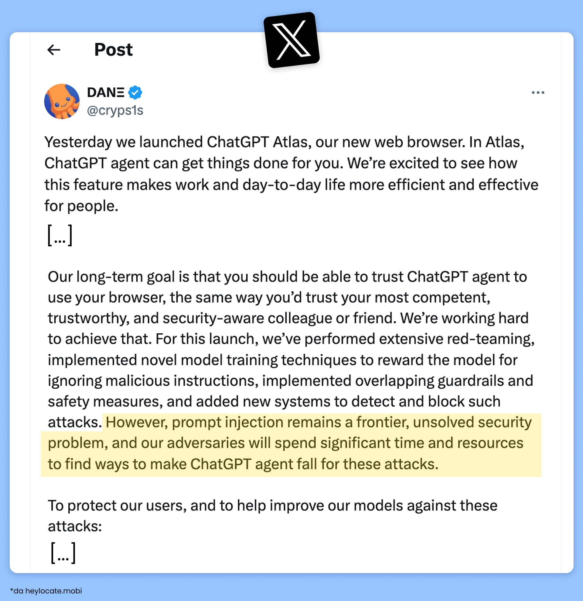 Avviso sulla vulnerabilità di ChatGPT Atlas agli attacchi di prompt injection.