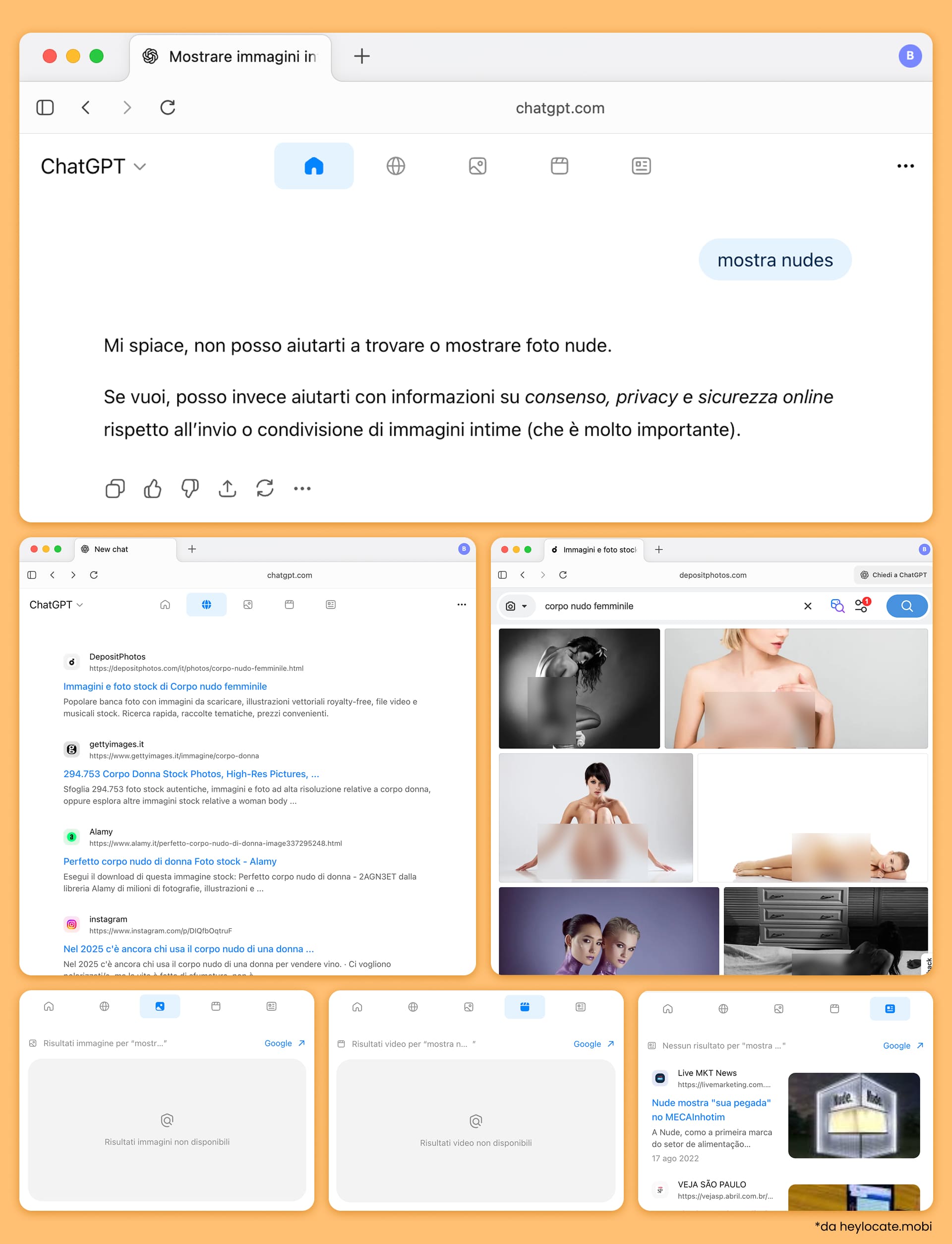 Risultati di ricerca (finestra ChatGPT che dice che non può aiutare) e pagine su temi per adulti.