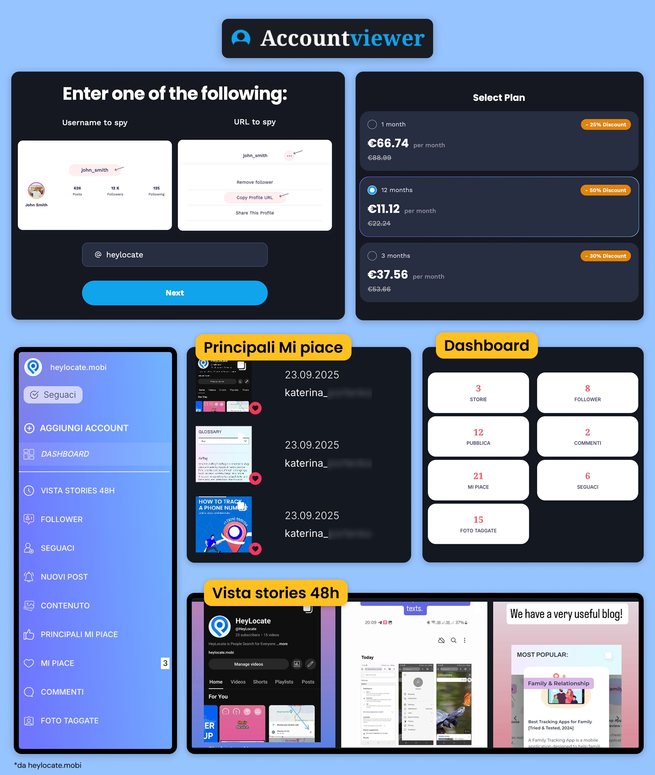 Interfaccia di AccountViewer con modulo profilo, prezzi, pannello di controllo ed esempi di like e stories visualizzati.